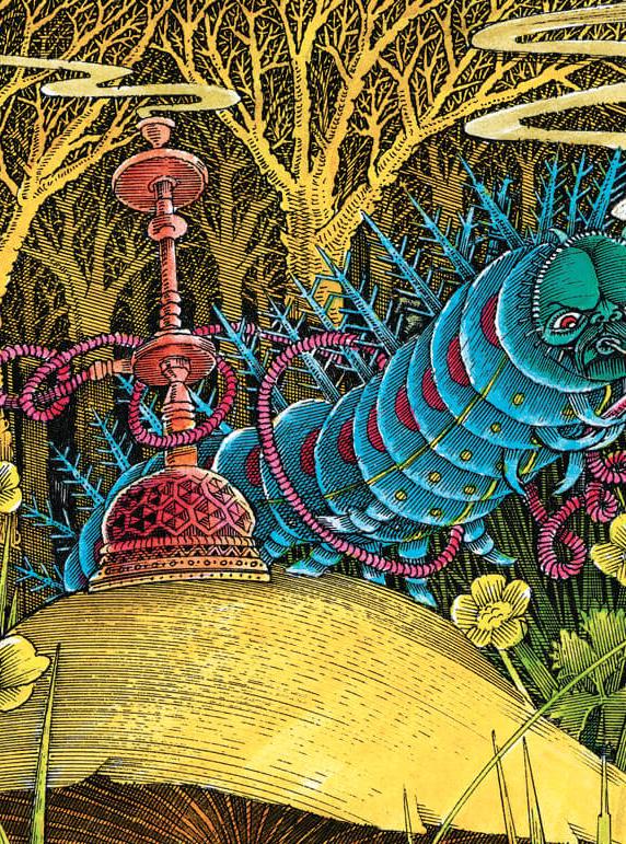 Ornate illustration of a blue caterpillar smoking hookah amidst lush vegetation