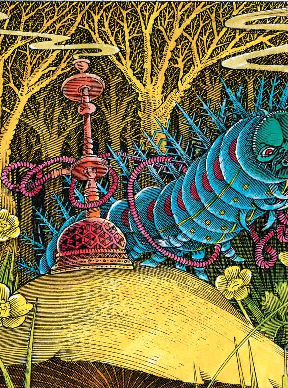 Ornate illustration of a blue caterpillar smoking hookah amidst lush vegetation
