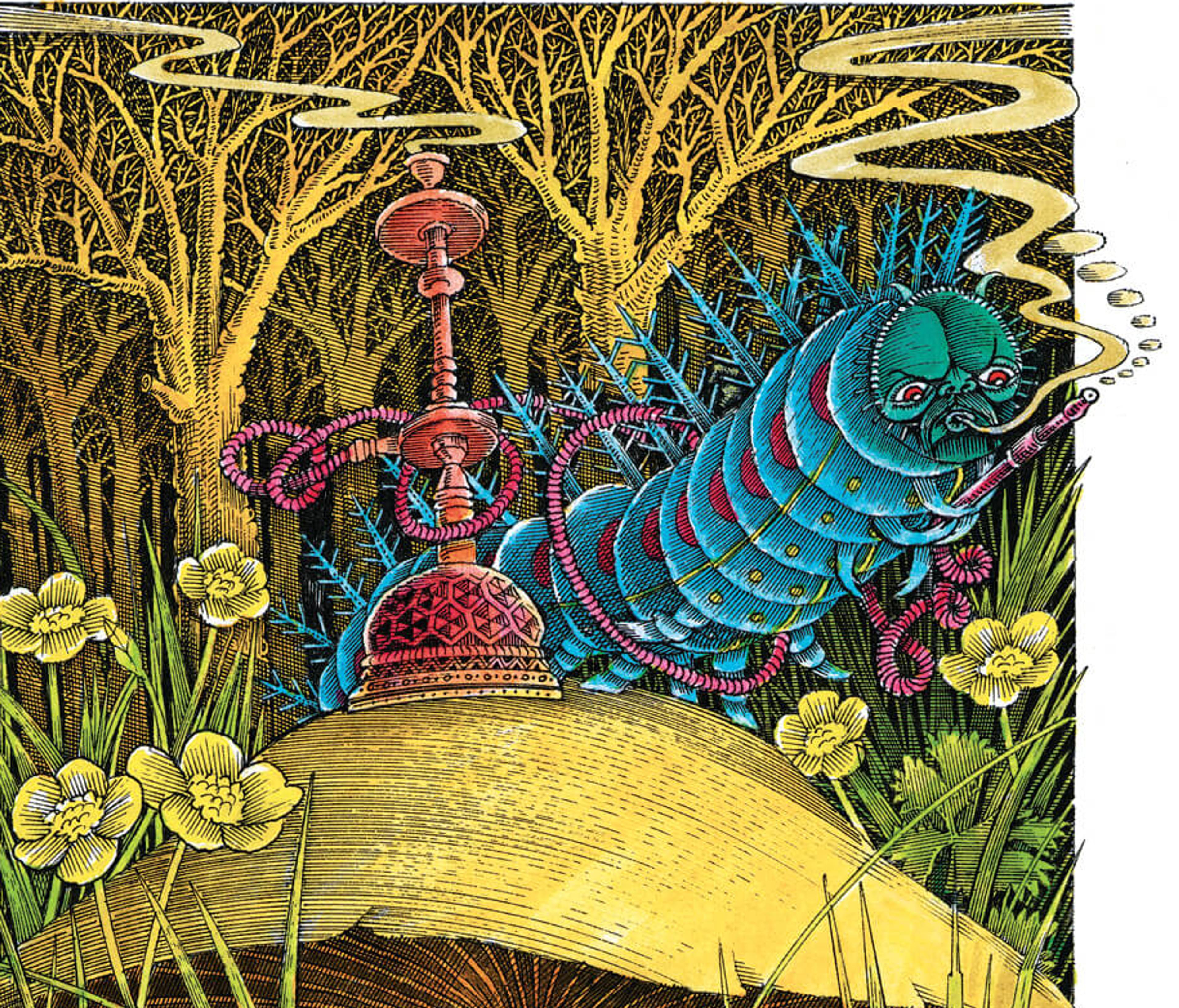 Ornate illustration of a blue caterpillar smoking hookah amidst lush vegetation