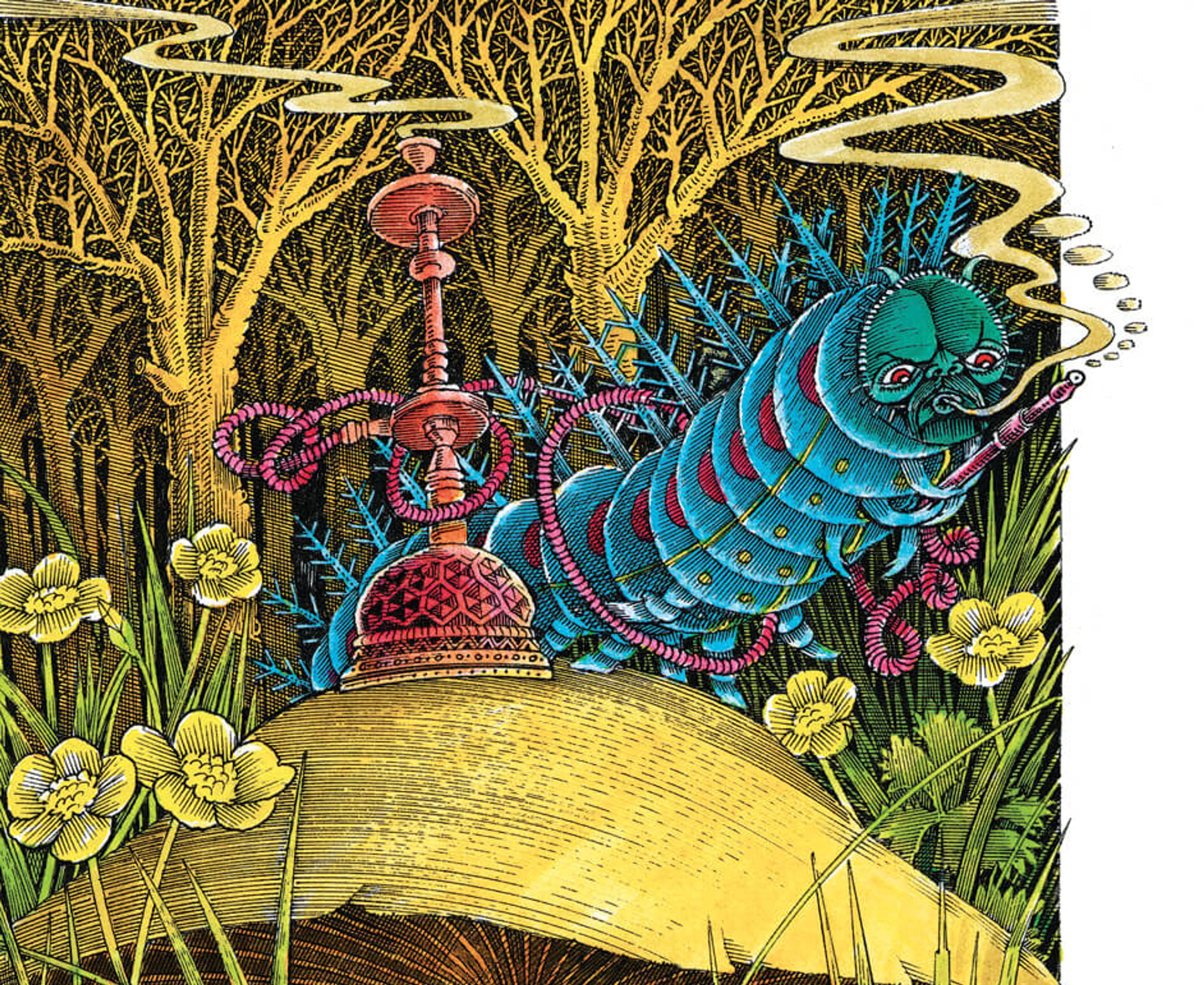 Ornate illustration of a blue caterpillar smoking hookah amidst lush vegetation