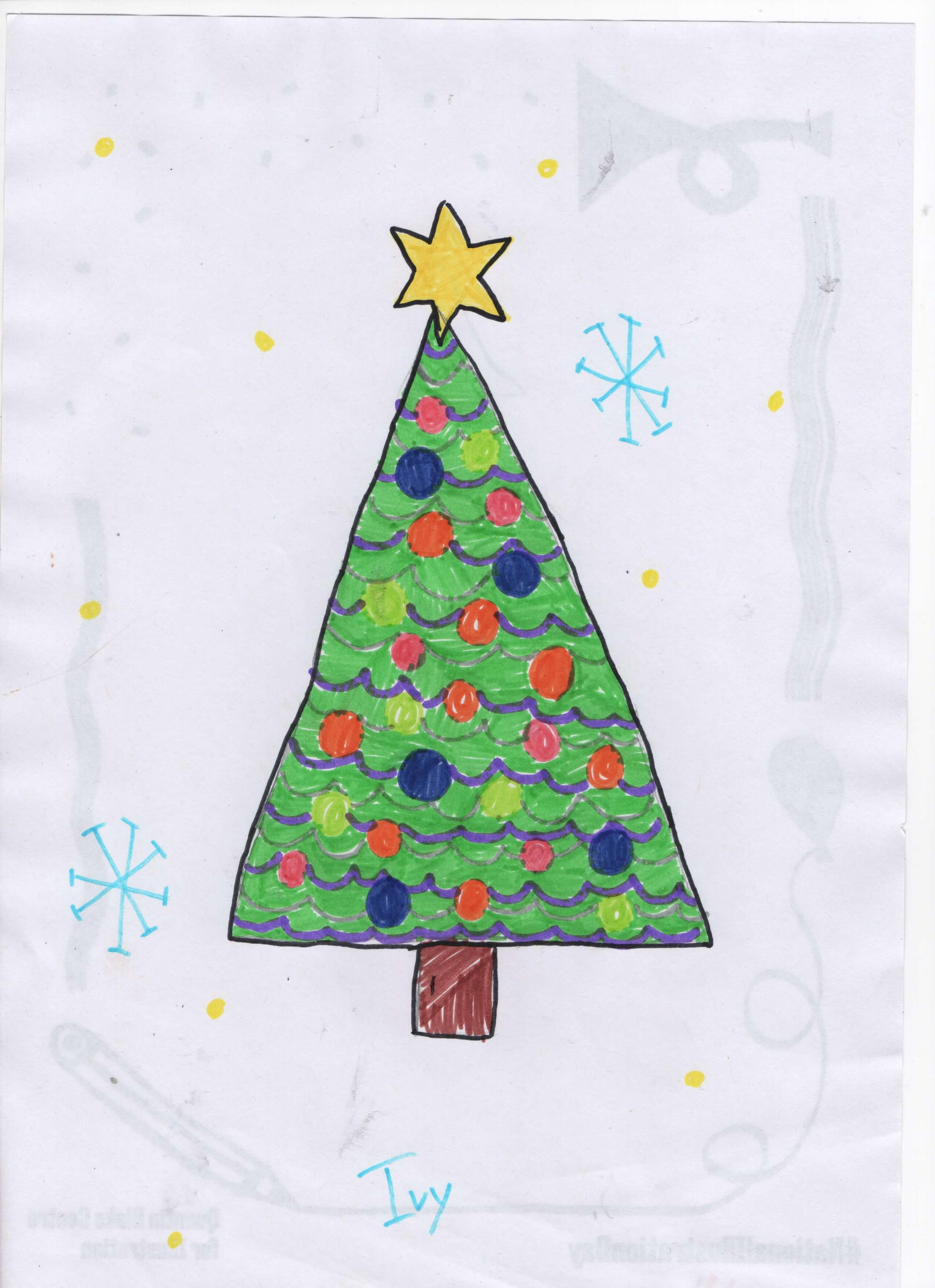A child's drawing of a decorated Christmas tree with a star.