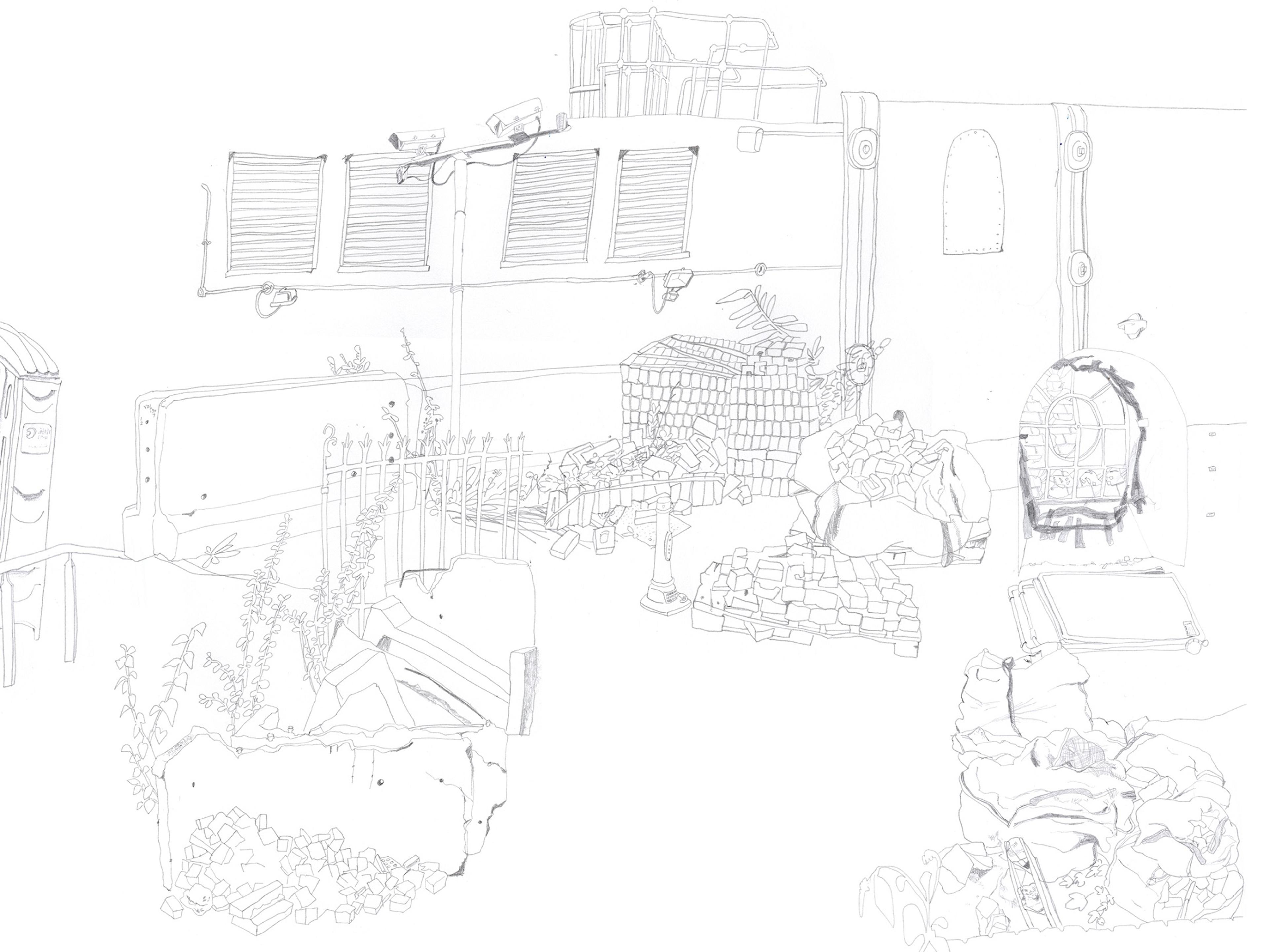 Pencil drawing of fragments of abandoned heritage site