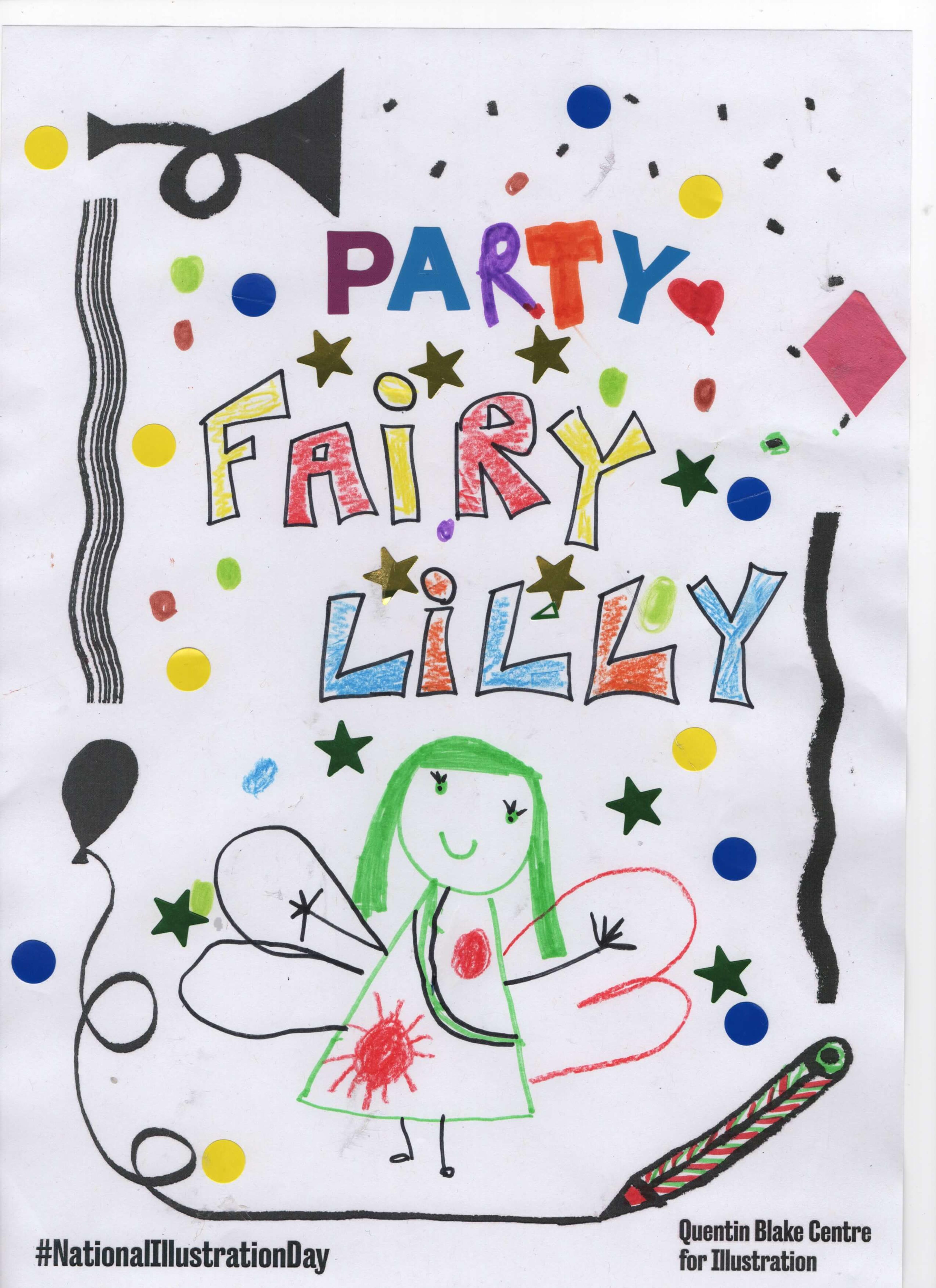 Joyful drawing of a winged child with long hair and a dress. The background is full of stars and confetti. The picture includes the words "Party Fairy Lilly".