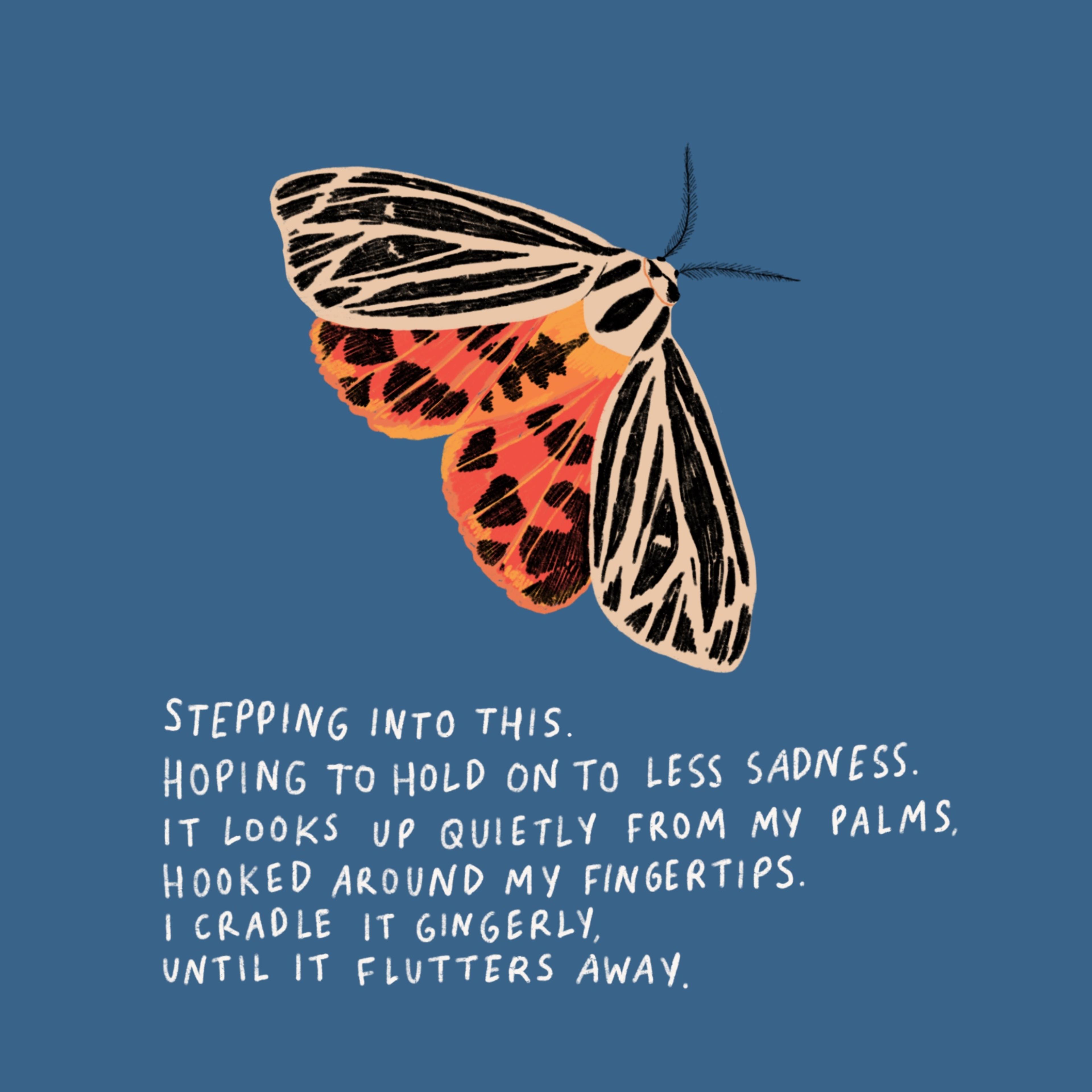 Illustration of a moth, accompanied by a poem likening sadness to a butterfly or a moth.
