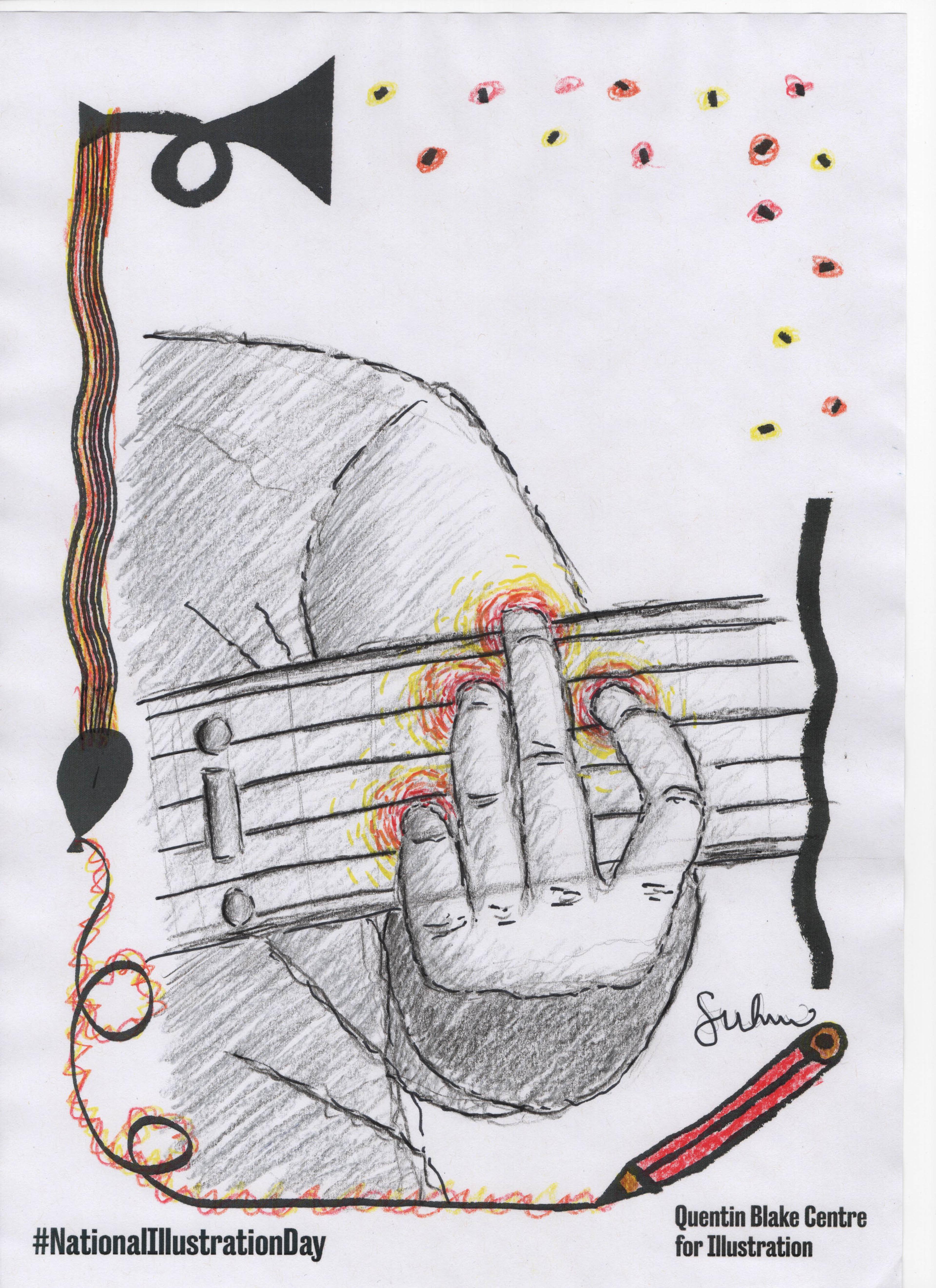 Illustration of a close up of a hand playing a guitar.