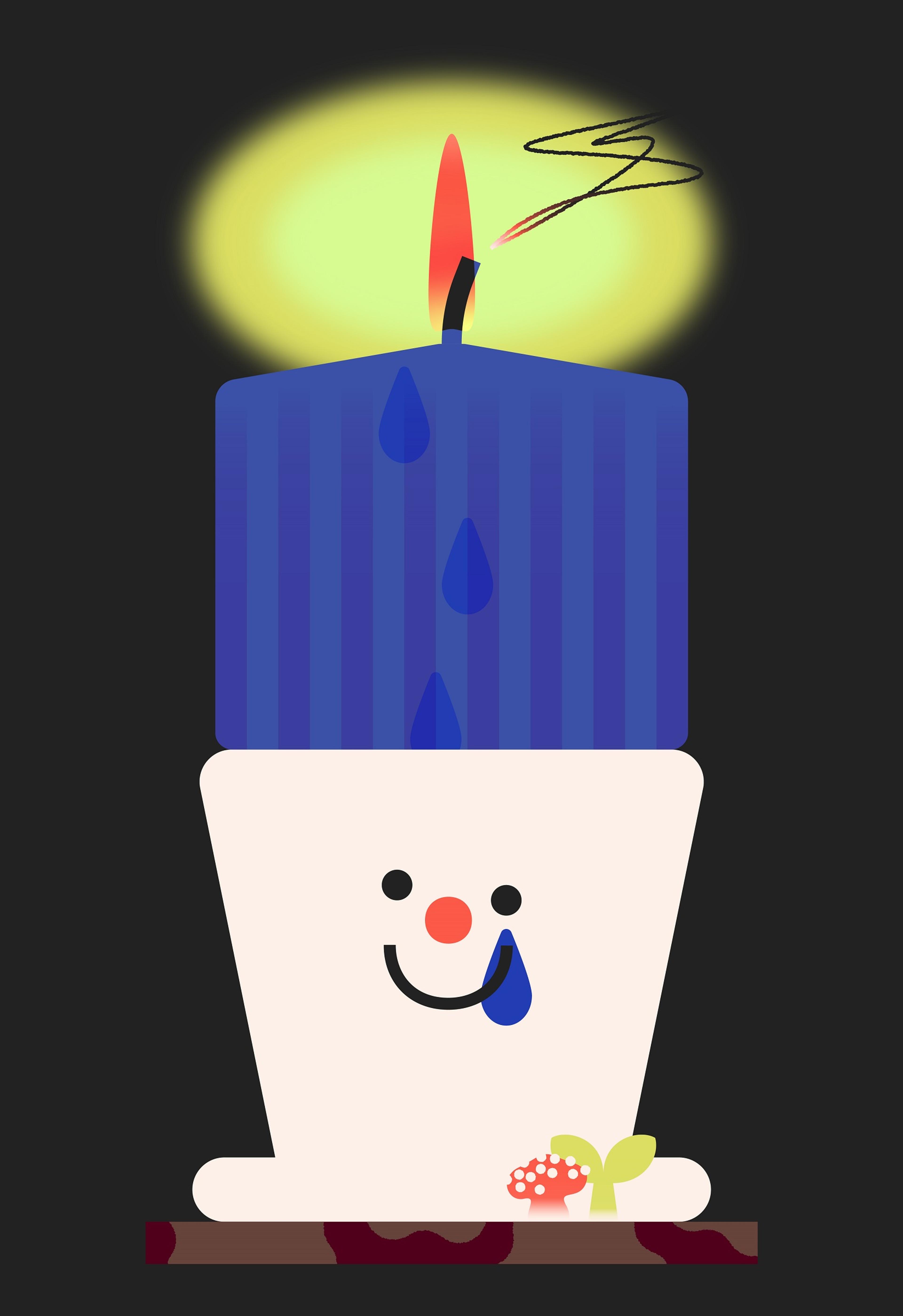 Illustration of a lit candle against a dark background in a holder with a smiley face