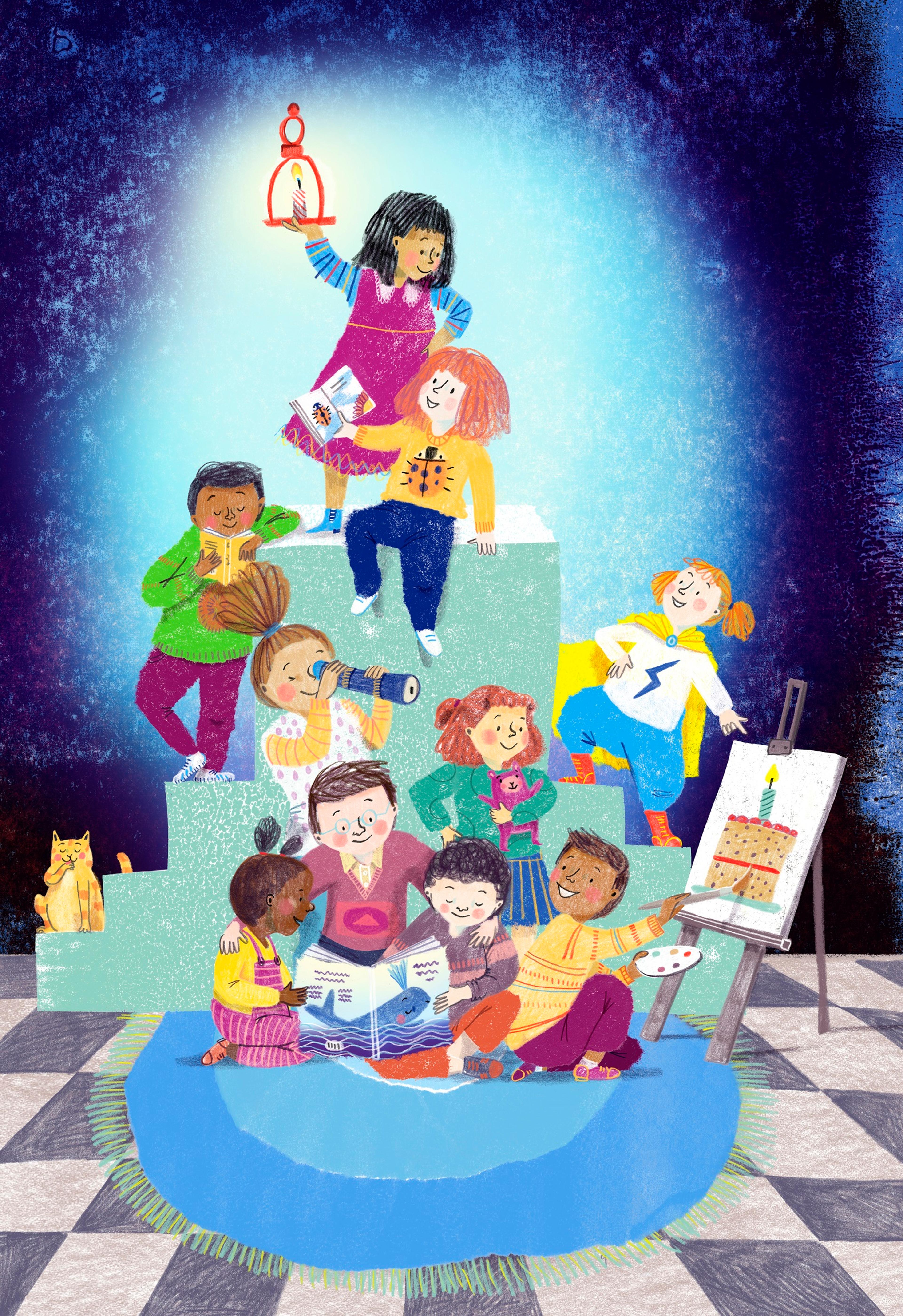 Illustration of a group of children, one at the top of a staircase holding up a candle, another painting a birthday cake