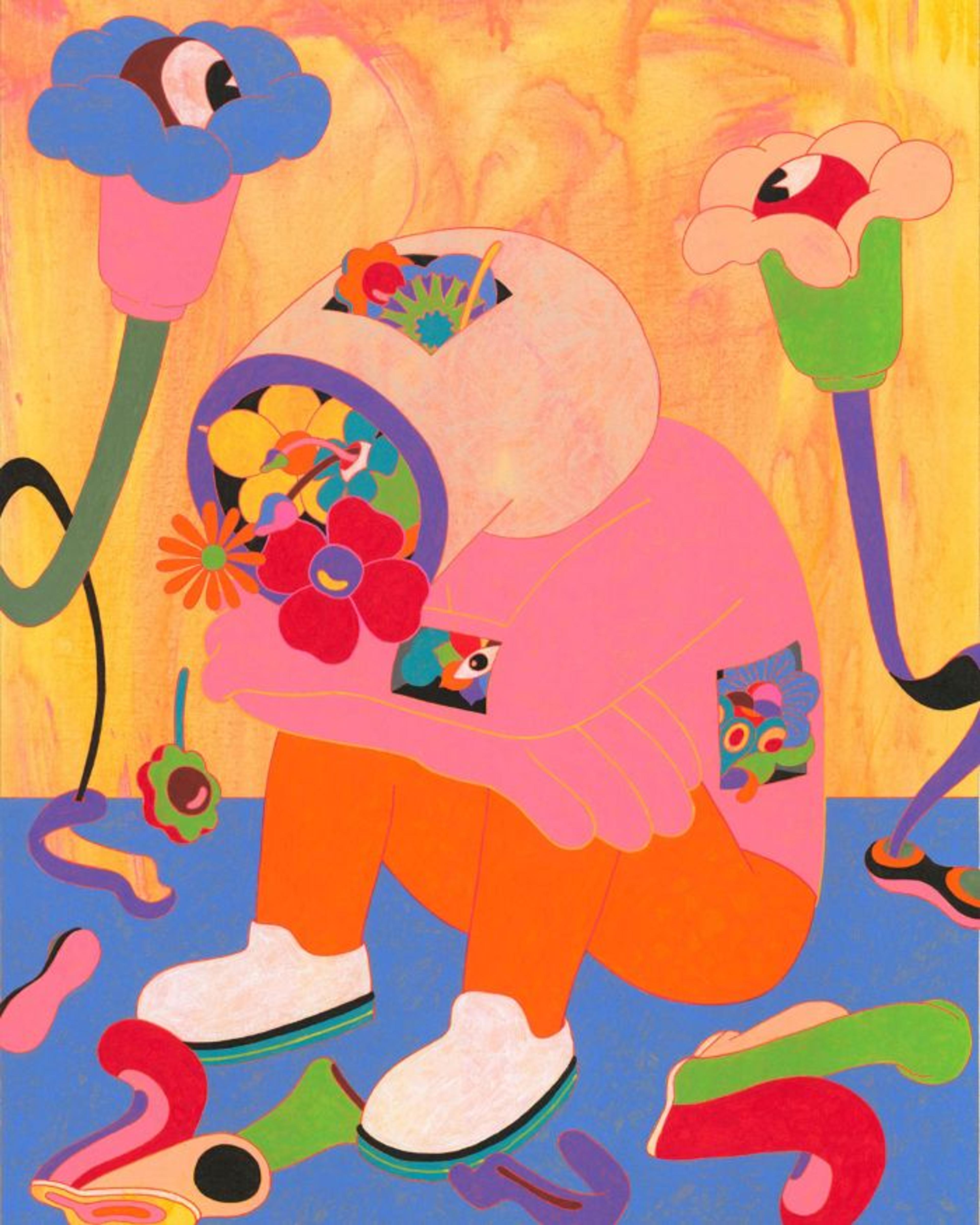 A character sits surrounded by flowers, which are erupting from their head