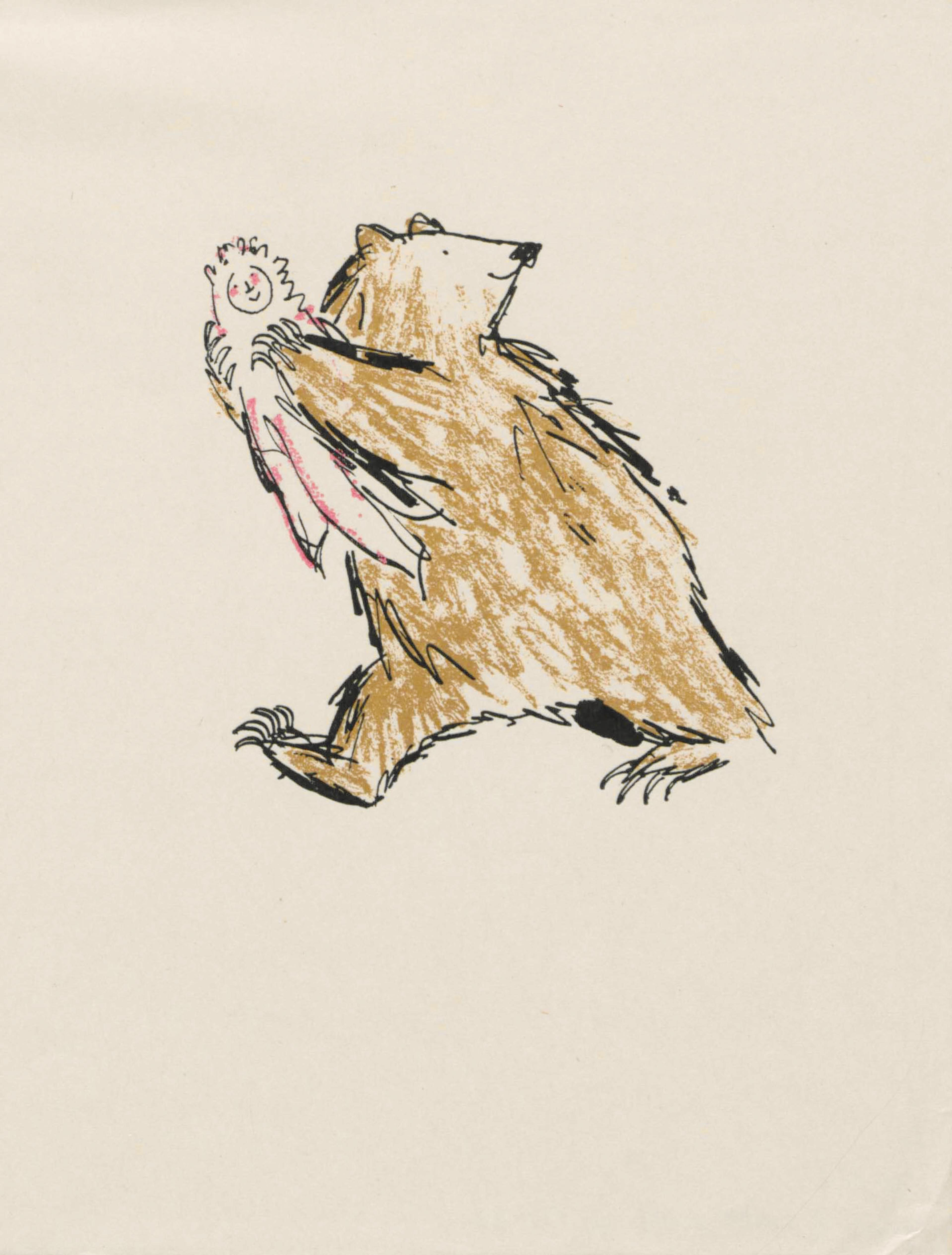 An illustration of a bear holding a baby.