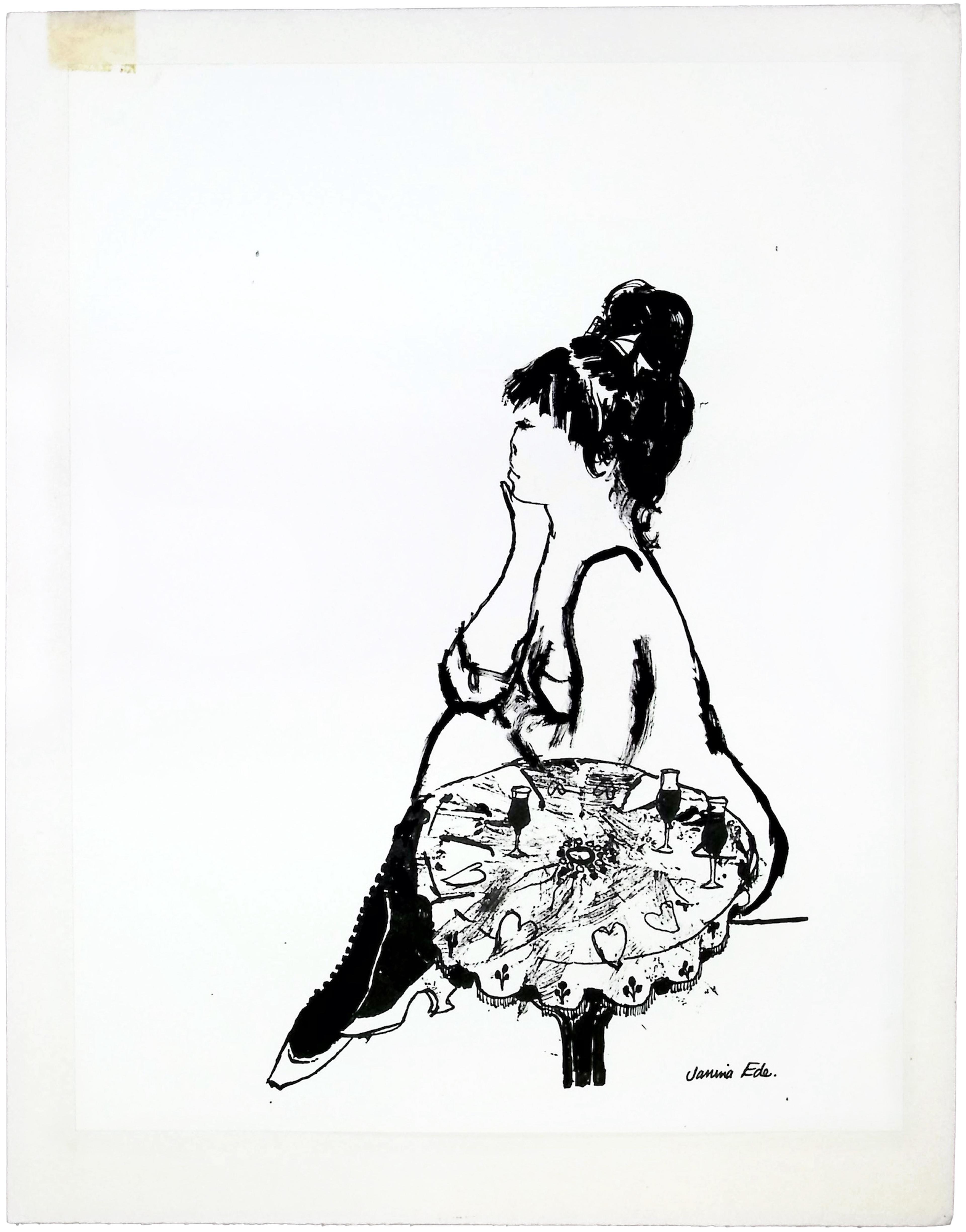 A black and white profile drawing of a woman in a dress and healed shoes, sitting by a side table holding shot glasses