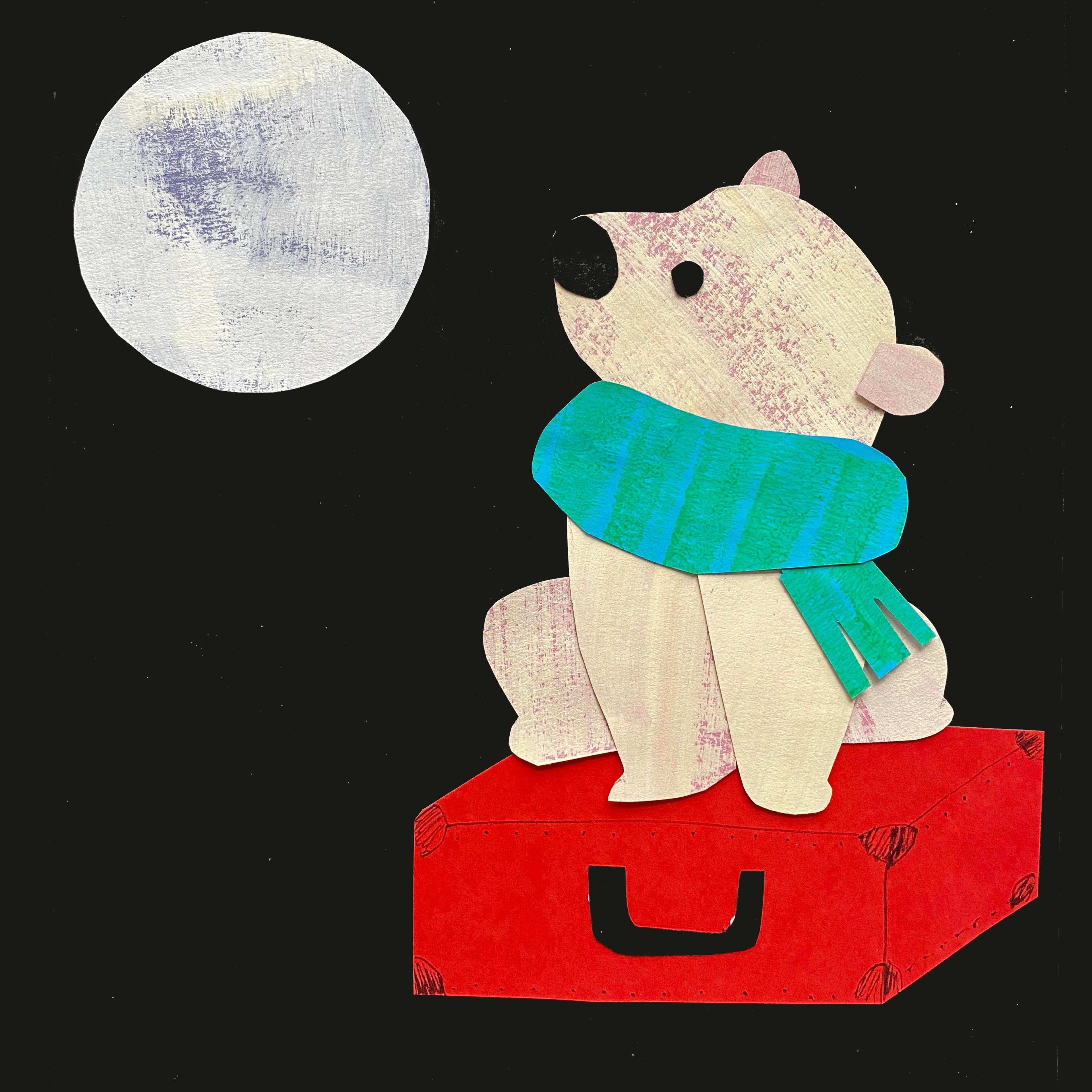 Collage of a bear wearing a scarf looking at the full moon.