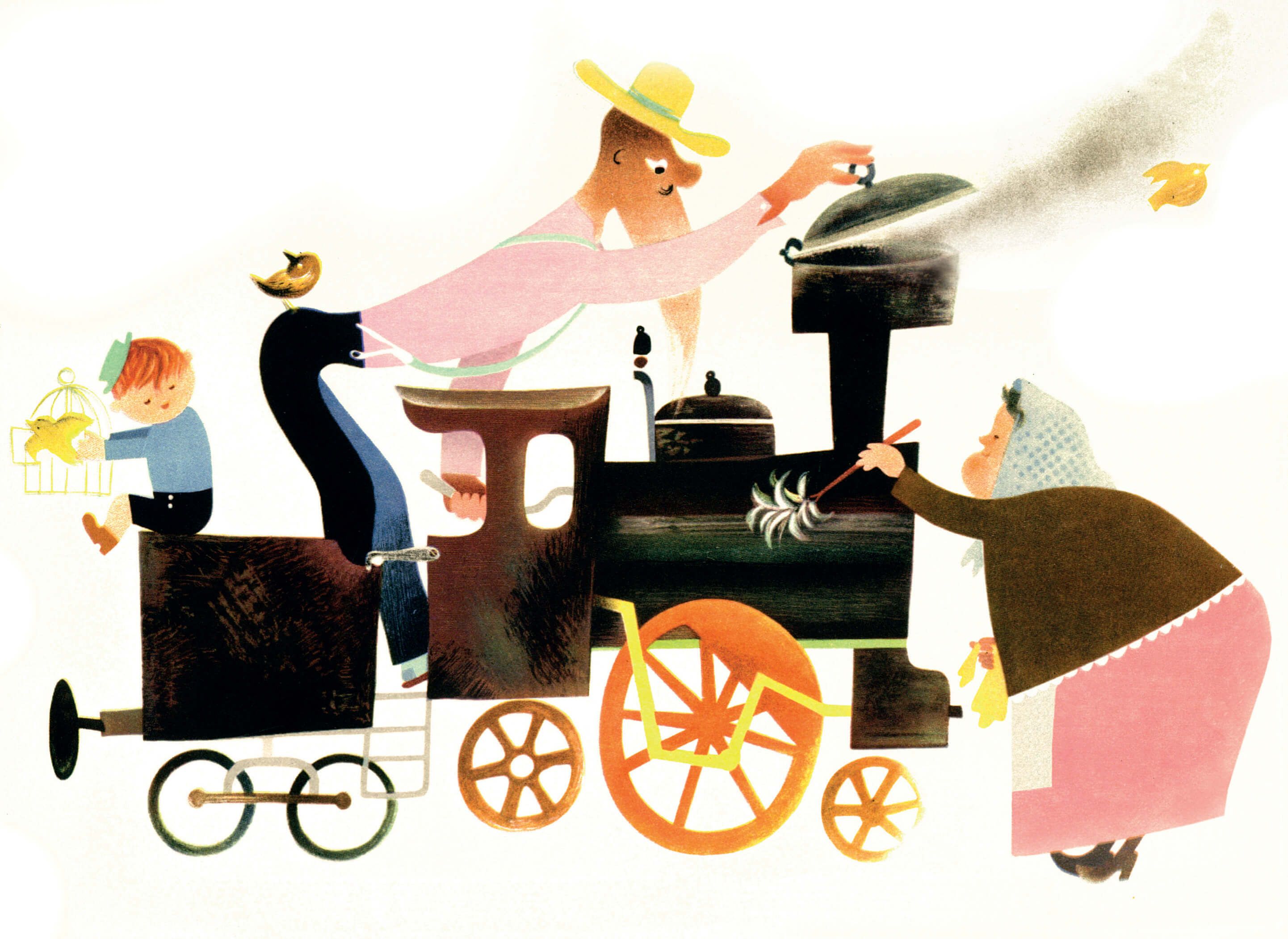 A whimsical illustration of characters arranged around a train