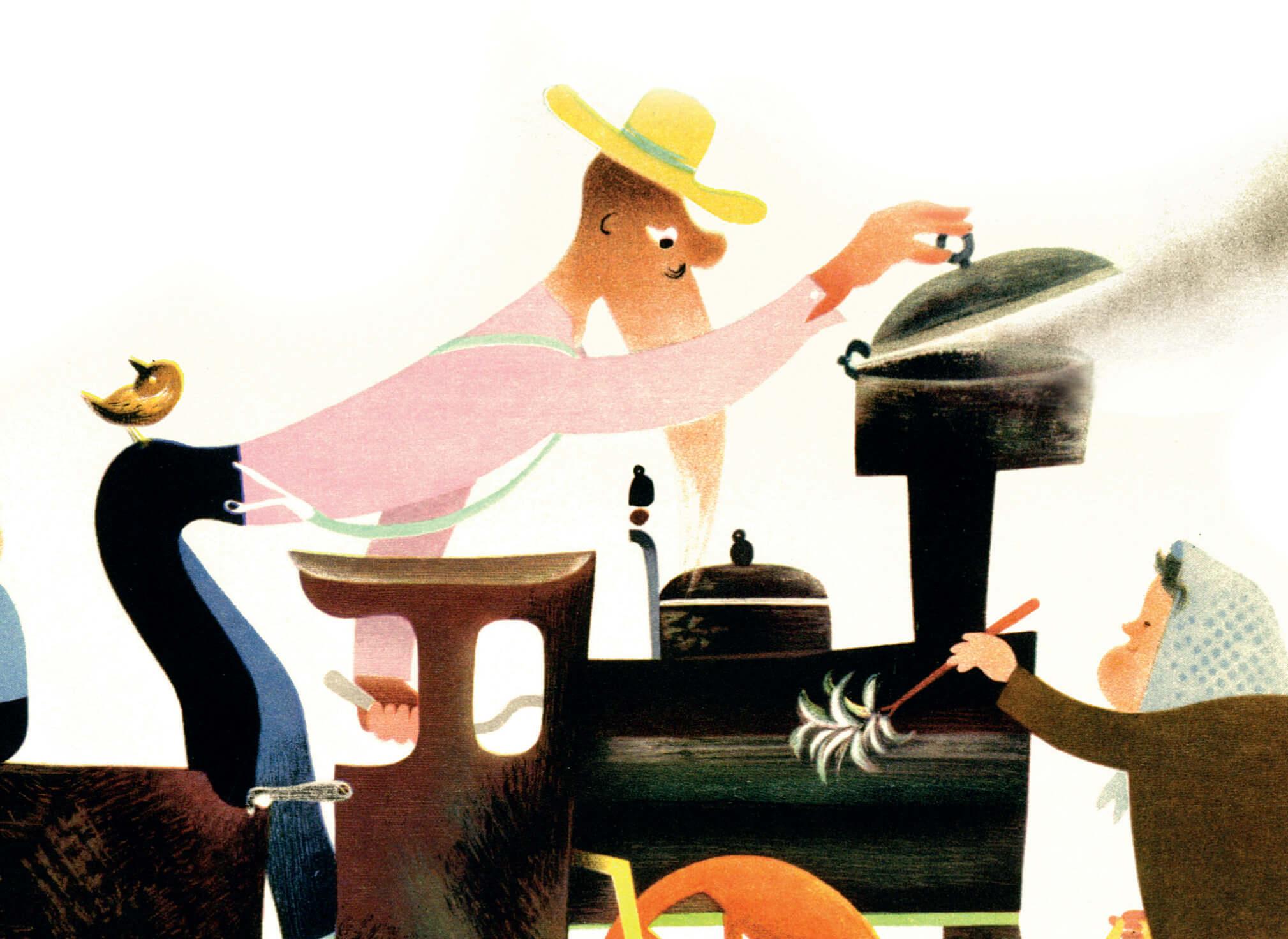 A whimsical illustration of characters arranged around a train