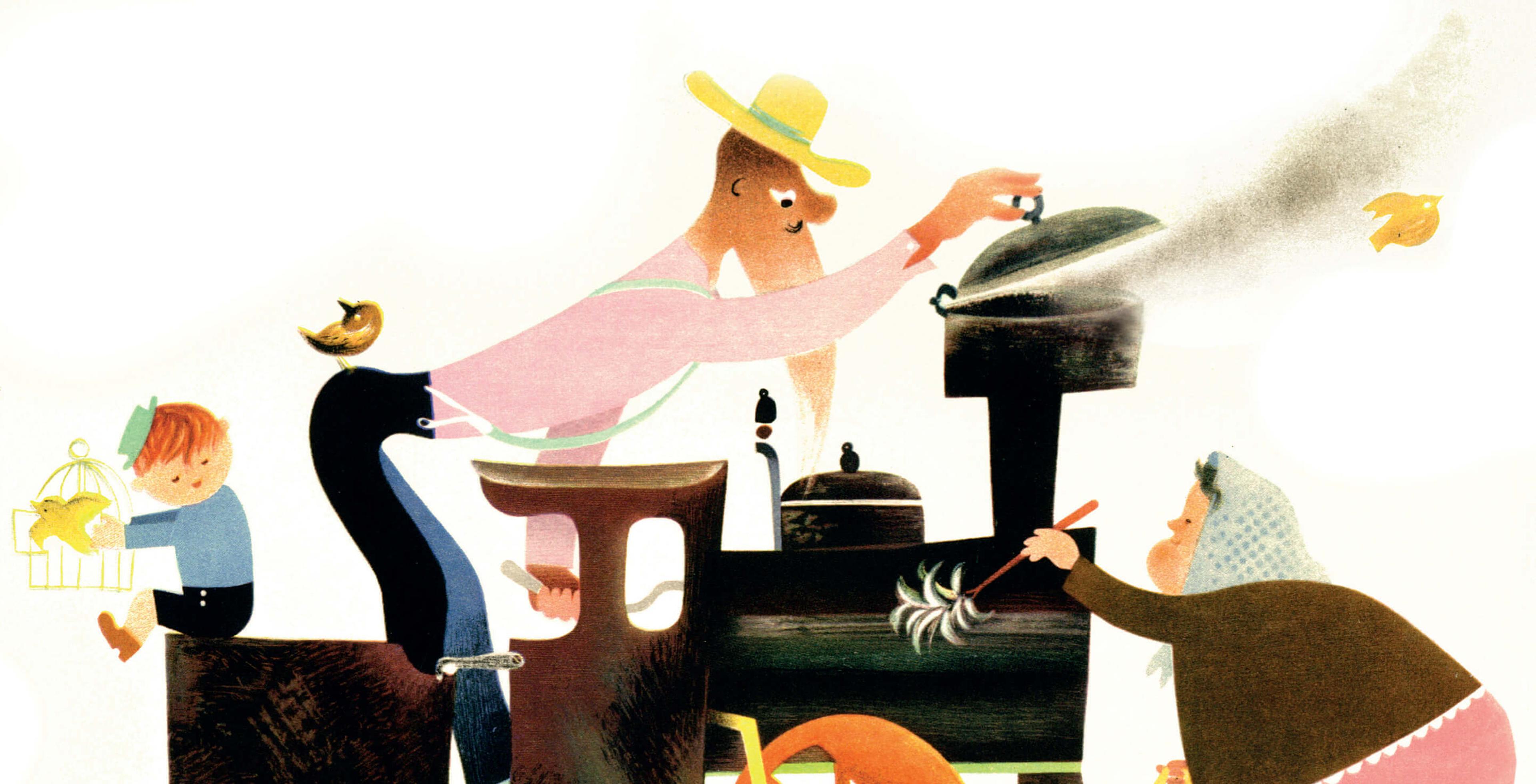 A whimsical illustration of characters arranged around a train