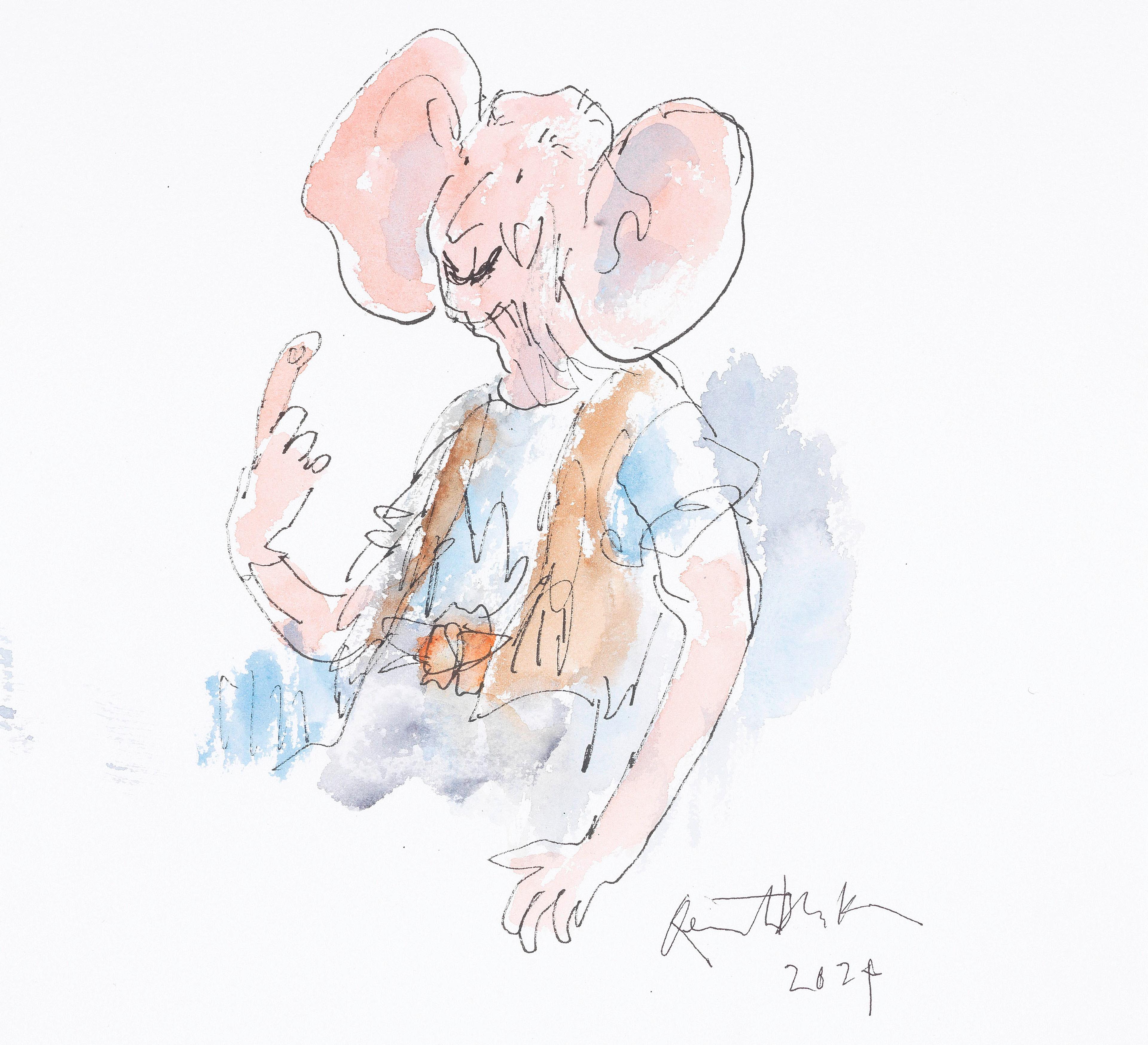 Illustration of a giant with very big ears, they are wearing a waistcoat, shirt and trousers.