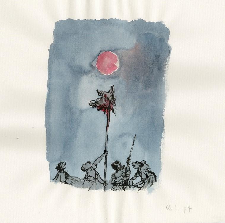 An illustration of four figures stood against a dark sky. One is holding a long pike with a severed boar's head impaled on the end. Above the boar's head is a red moon.