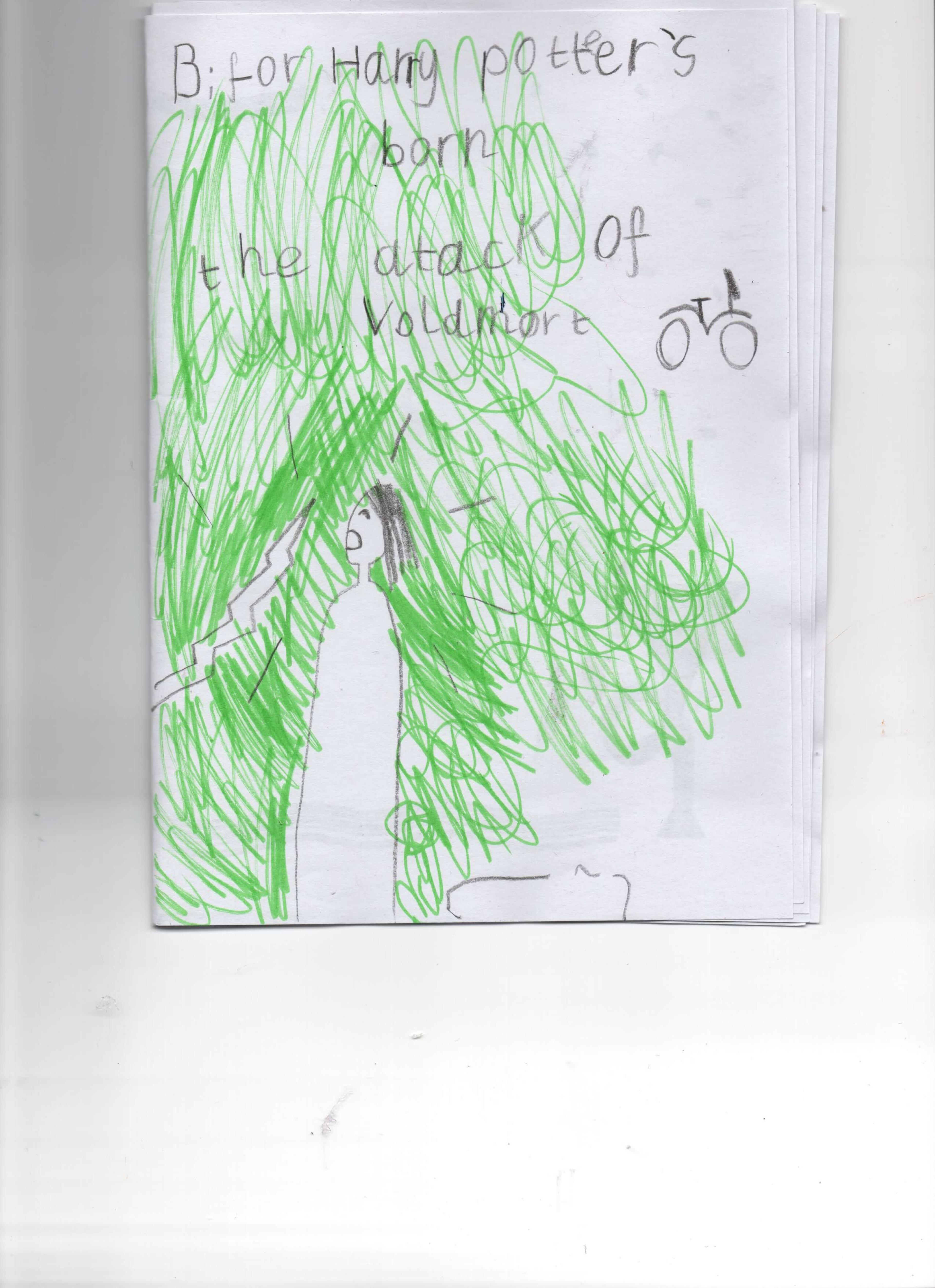 A mock book with the words "Bifore Harry Potter's born the attack of Voldemort" written in pencil. The picture includes a pencil drawing of Lily Potter, seen from the side, surrounded by bright green.