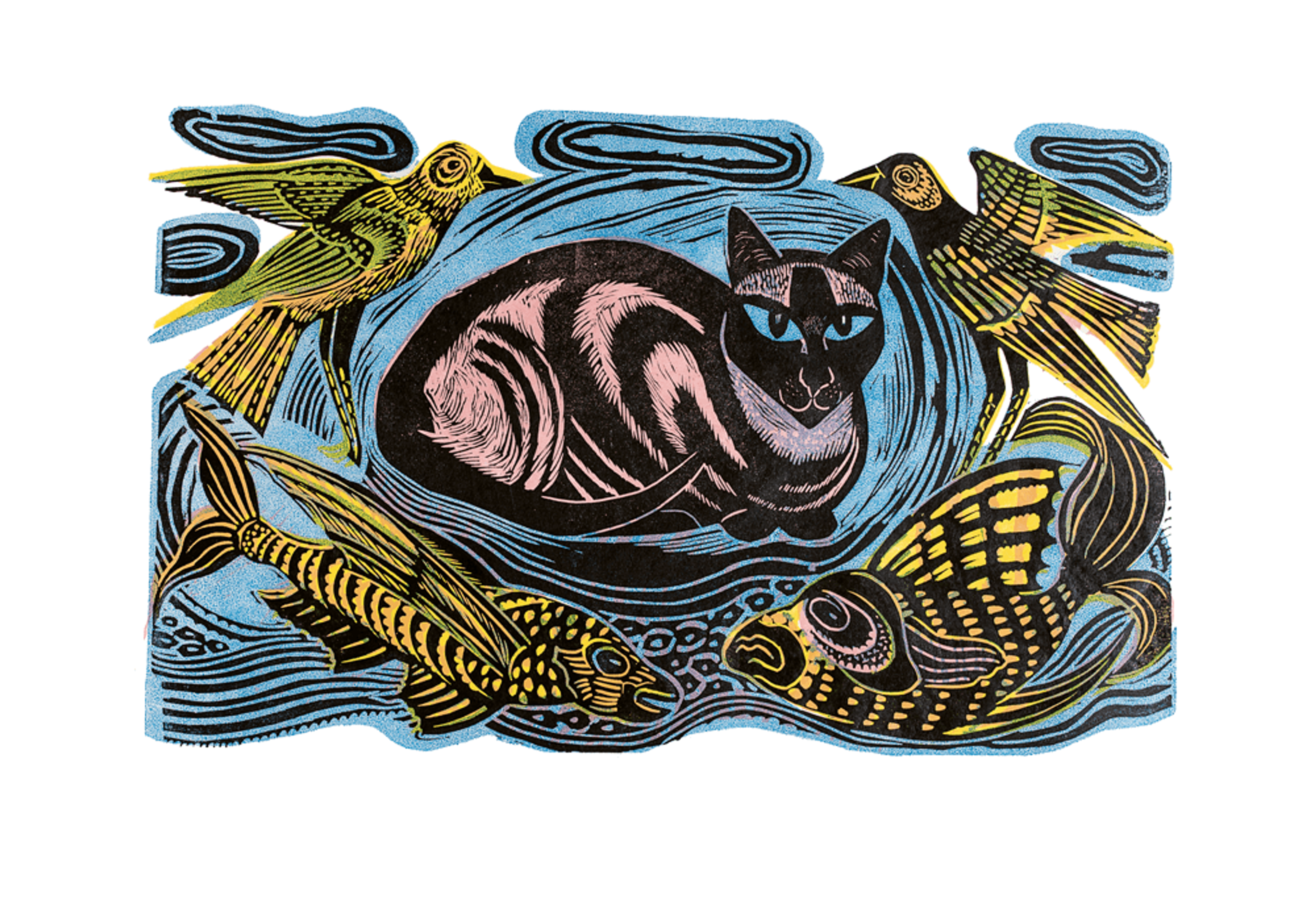 A bold and decorative illustration of a cat surrounded by birds and fish.
