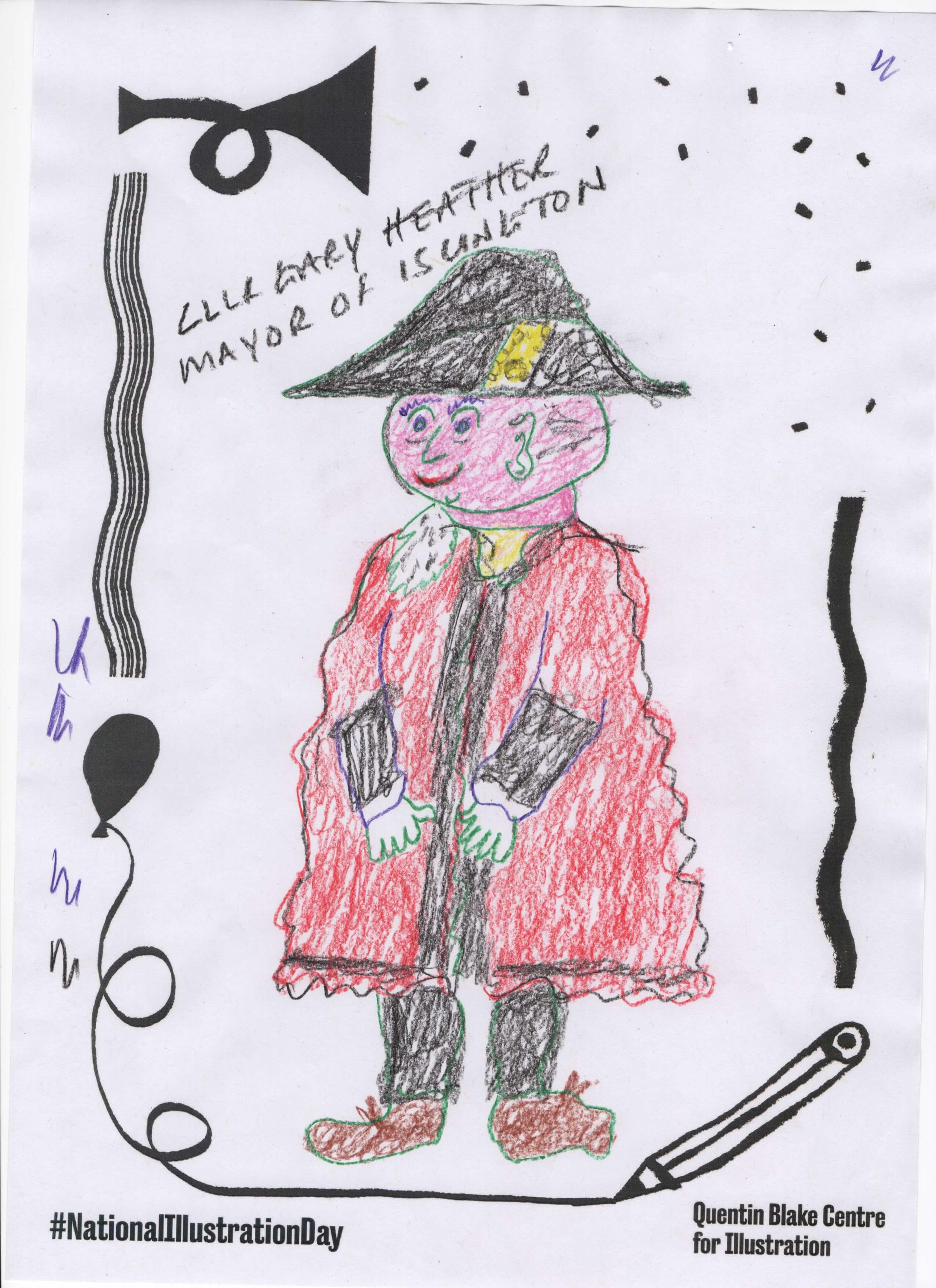 Cartoon drawing of a person wearing a big black hat and a red coat with the words "Cllr Gary Heather Mayor of Islington" noted above the figure. 