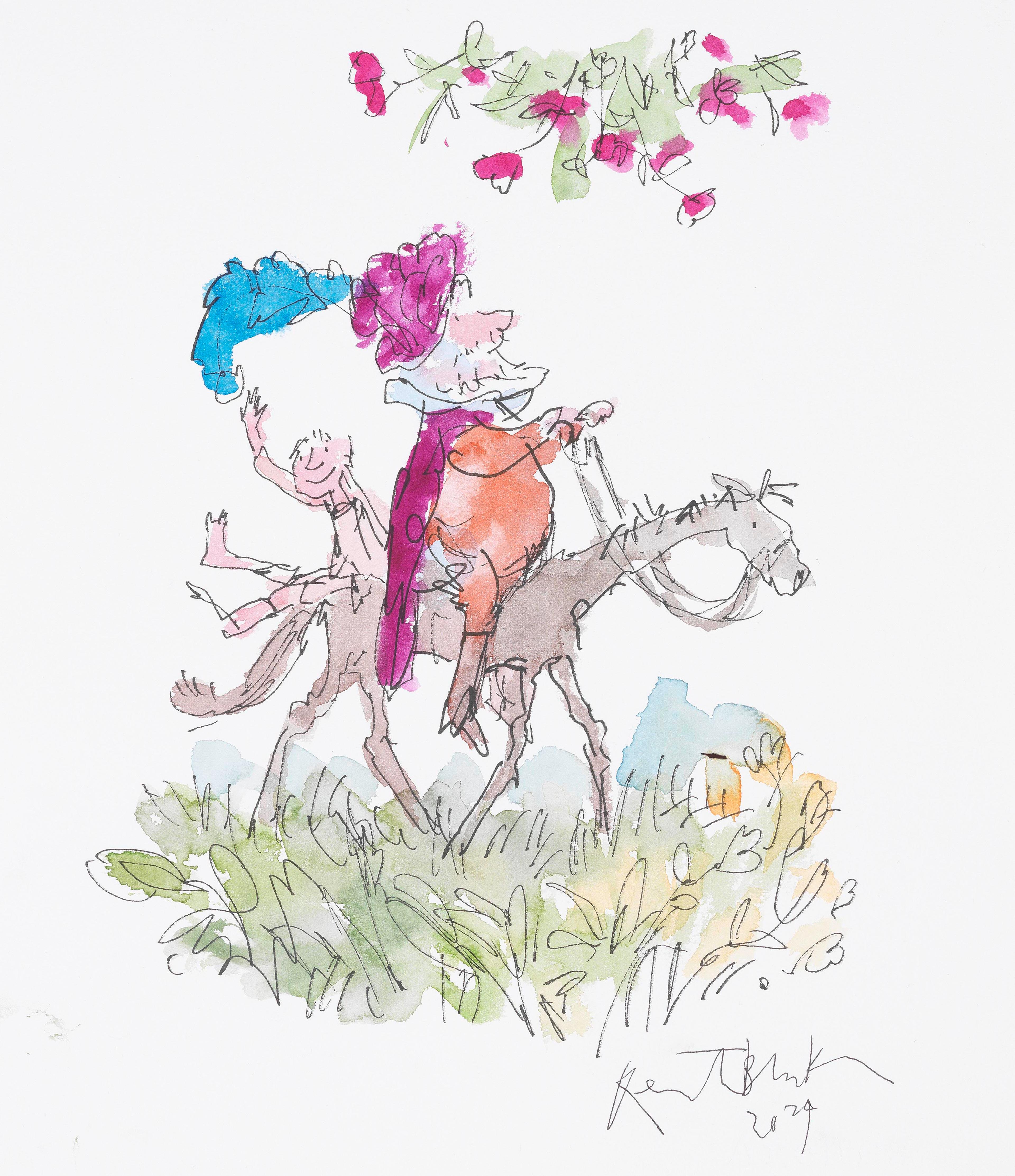 Illustration of two people sitting on the back of a horse. There is grass on the ground and flowers on a tree above. One of the people has no clothes on and the other is wearing very extravagant clothes and hat.