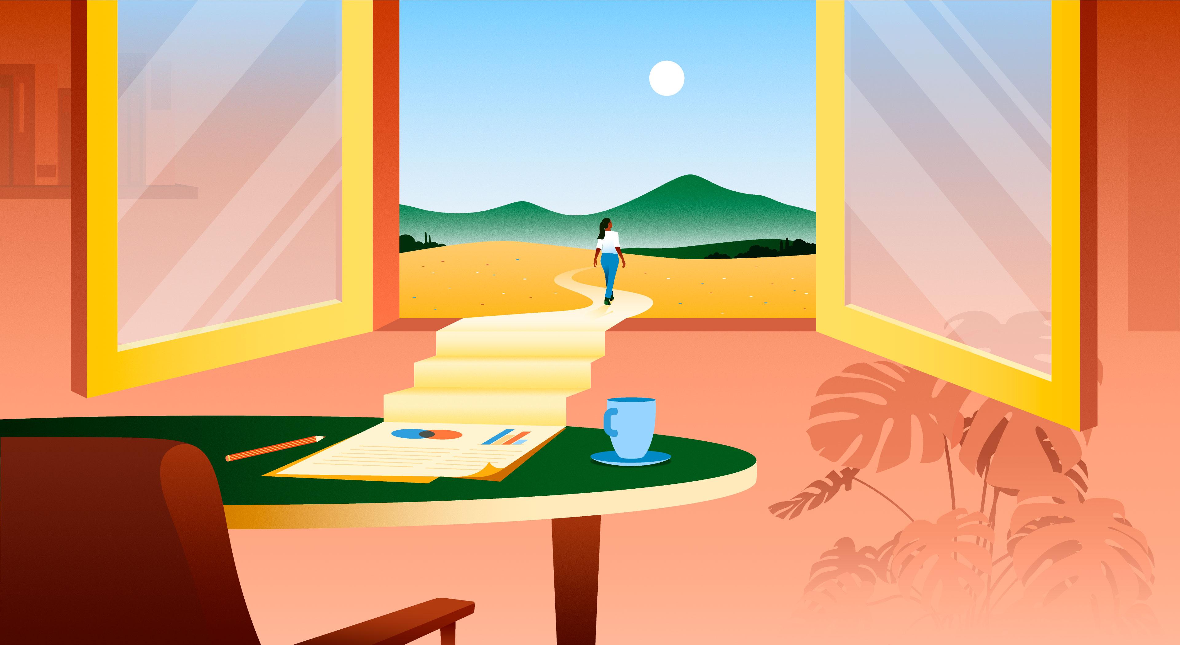 A digital illustration of a chair and a desk in front of an open window. Some paperwork on the desk is turning into steps and a path leading out of the open window. A person is walking away down the path into a green landscape with hills in the distance.