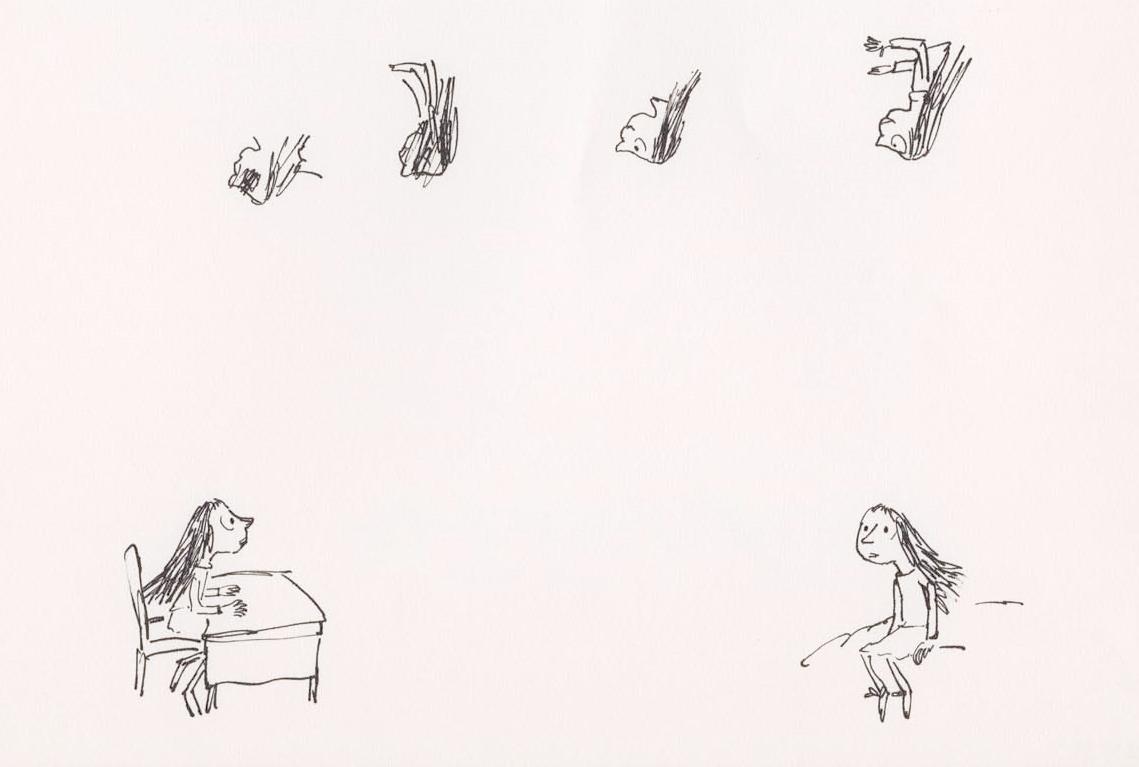 Sketches of Matilda, including some upside down faces