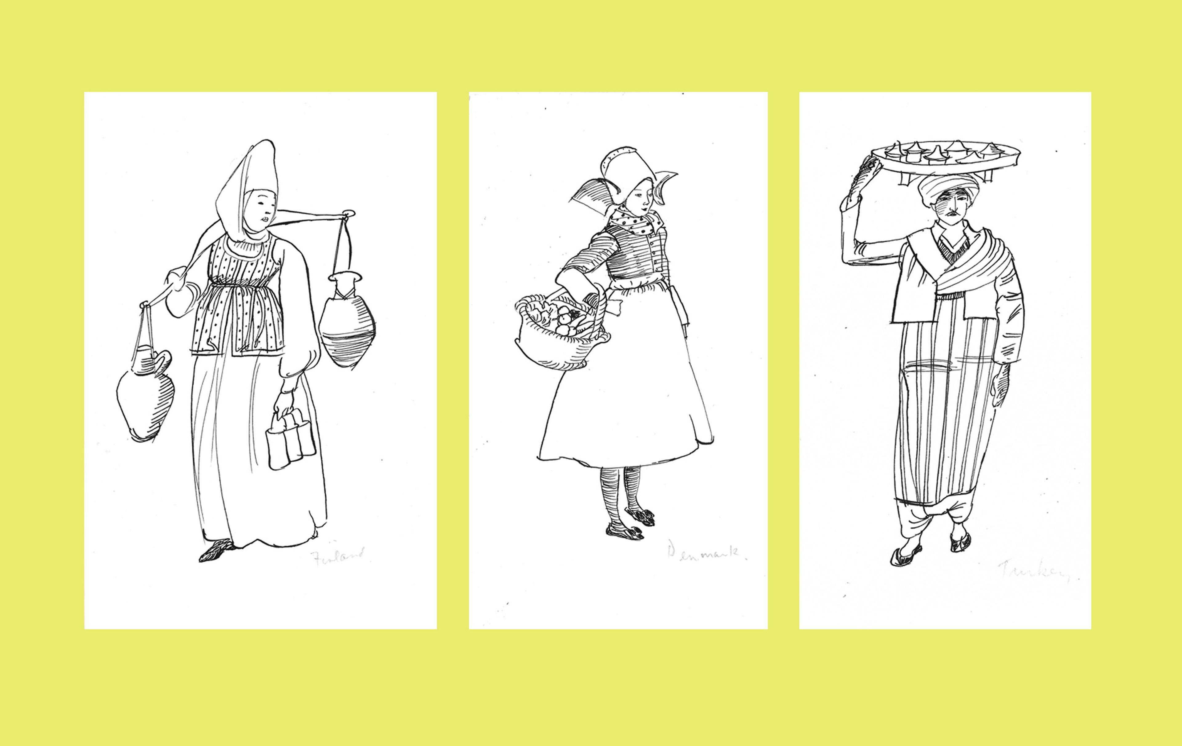 Three black ink drawings on white paper of people in national dress. All three are wearing hats and long garments and carrying produce.