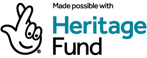 Illustration of a hand with the fingers crossed, with two dots-like eyes on the two bent fingers, and a line smile on the palm, to the right is the text "Made possible with Heritage Fund"