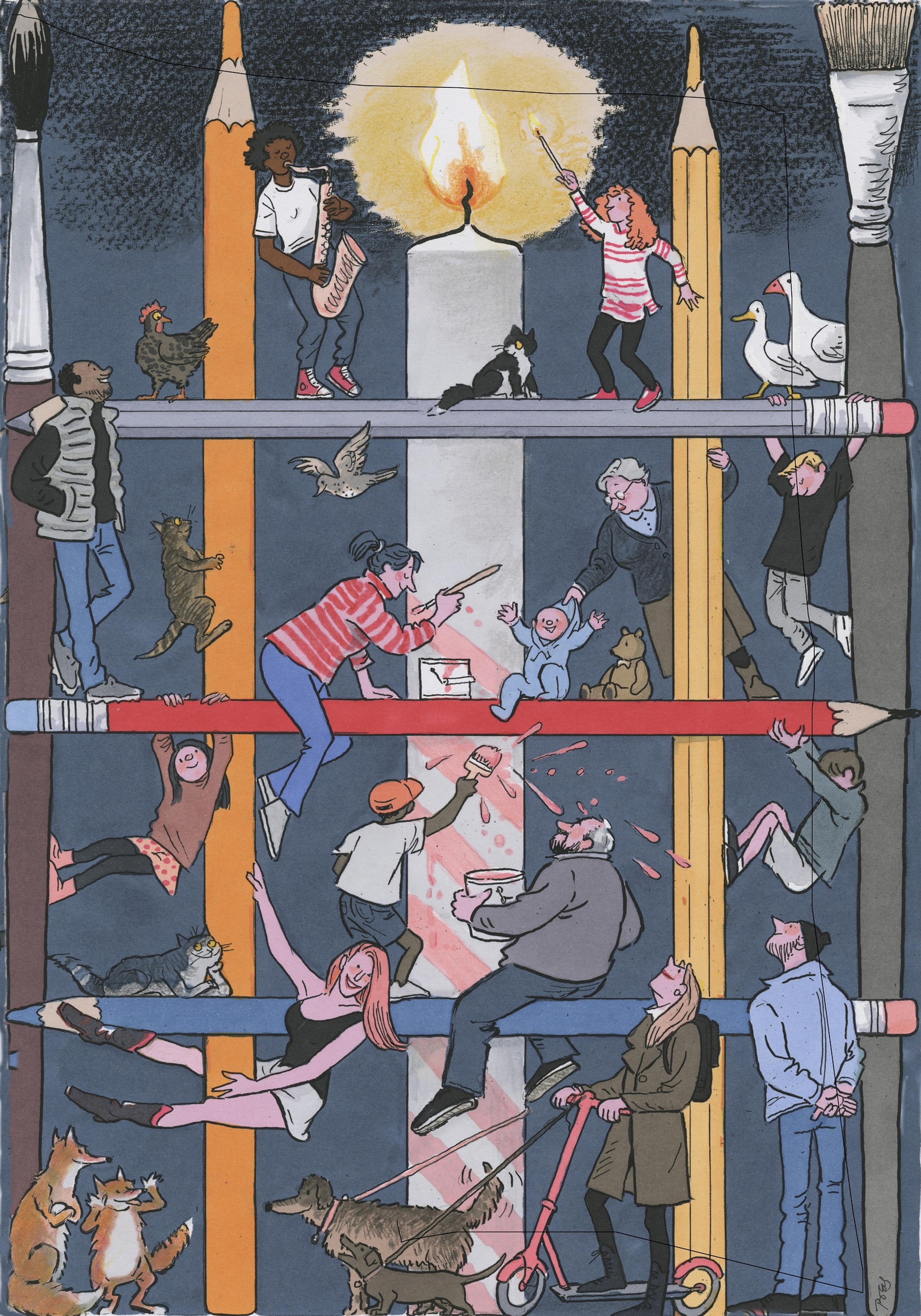 Illustration of a group of people decorating a giant candle, using a scaffold made from art materials