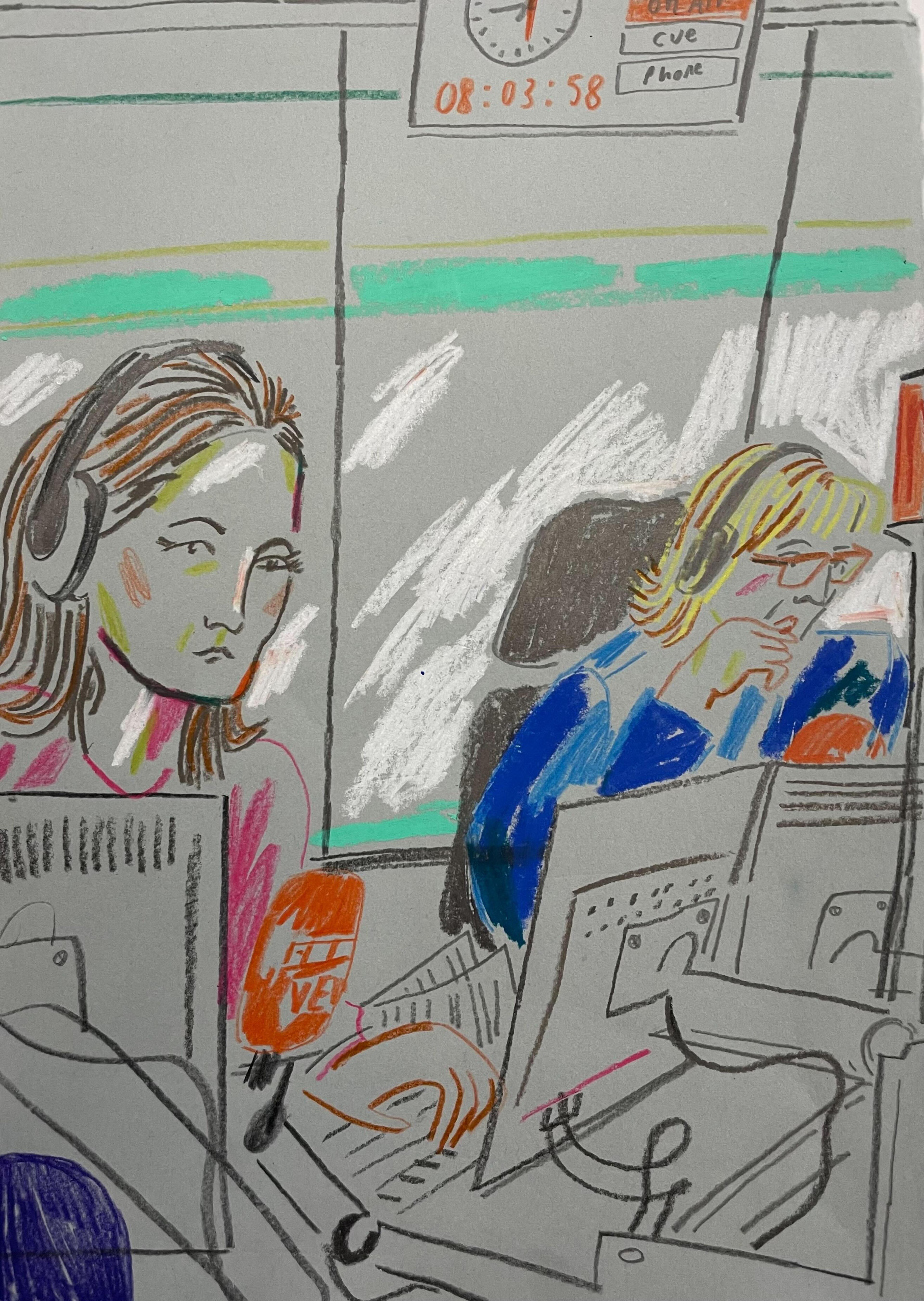 Illustration of two people, they are wearing headphones and are sitting at a desk with monitors in front of them.