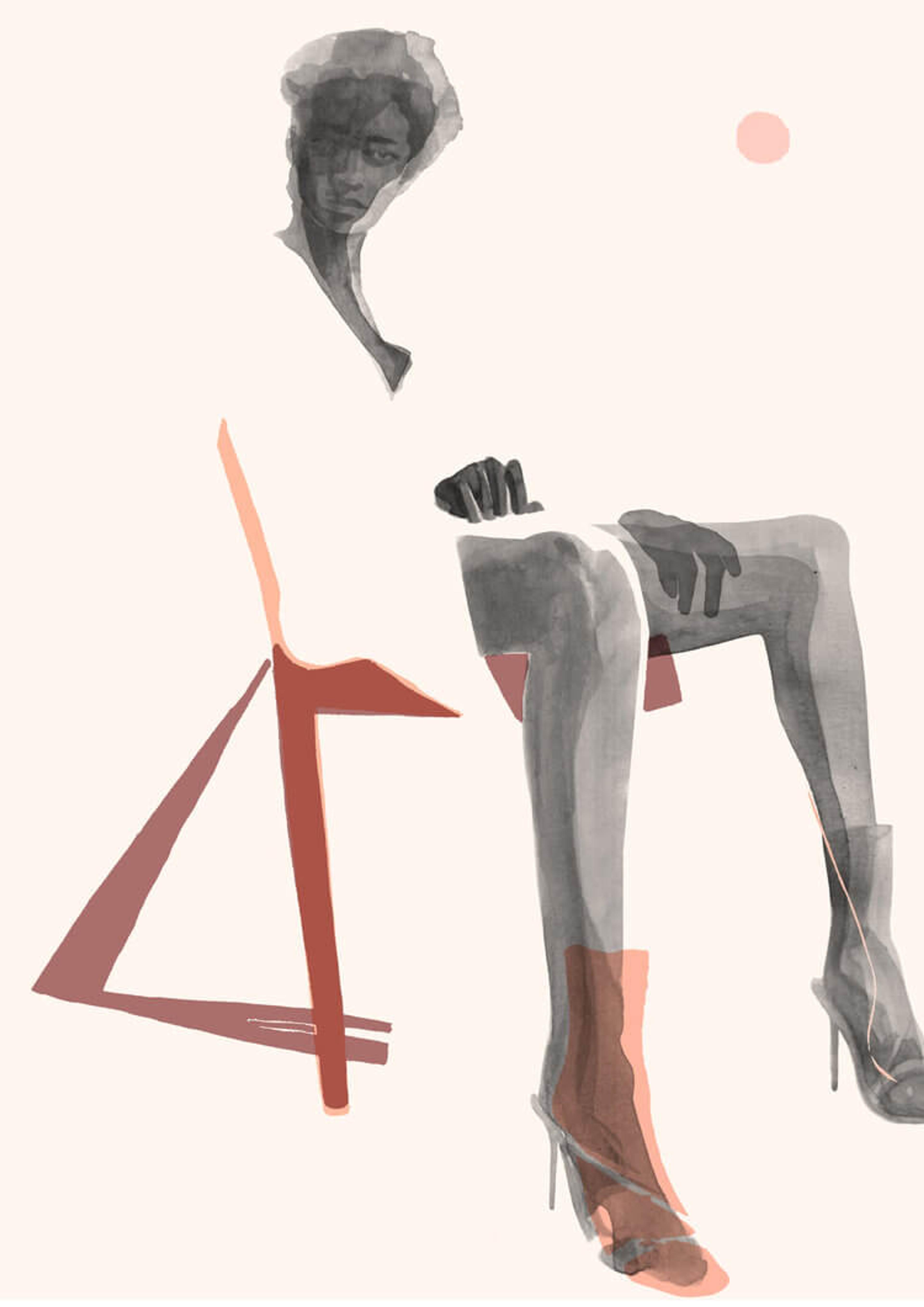 Painterly illustration of a model sitting in a chair looking towards us.