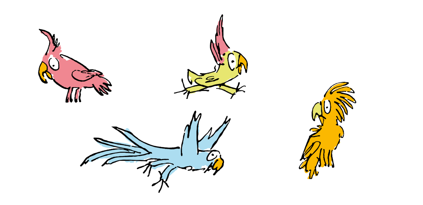 Four whimsical, colourful birds are drawn in a playful style. A pink, a green, a blue and an orange bird each display unique, quirky expressions and poses.