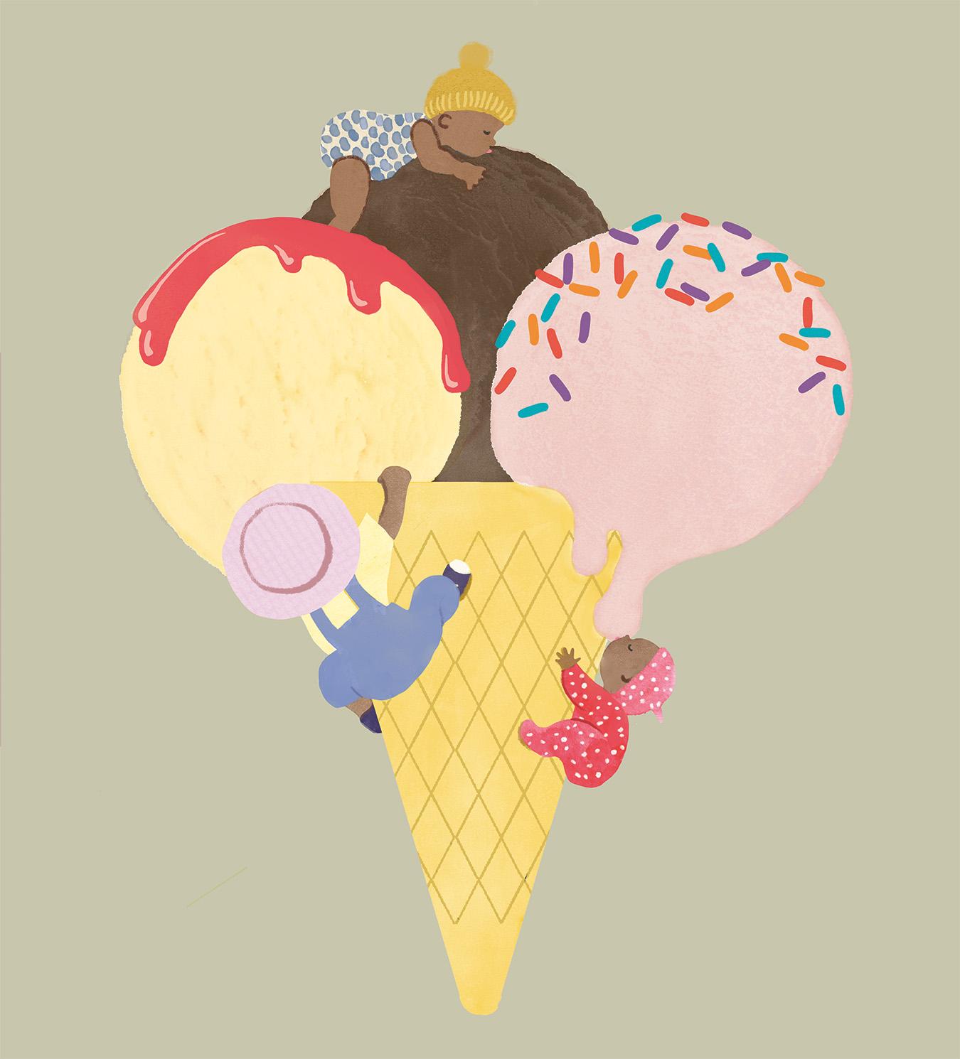 This is a finished illustration of the previous pencil sketch, an example of Claire Alexander's children's book work. It shows a big ice cream cone with three babies climbing on it.