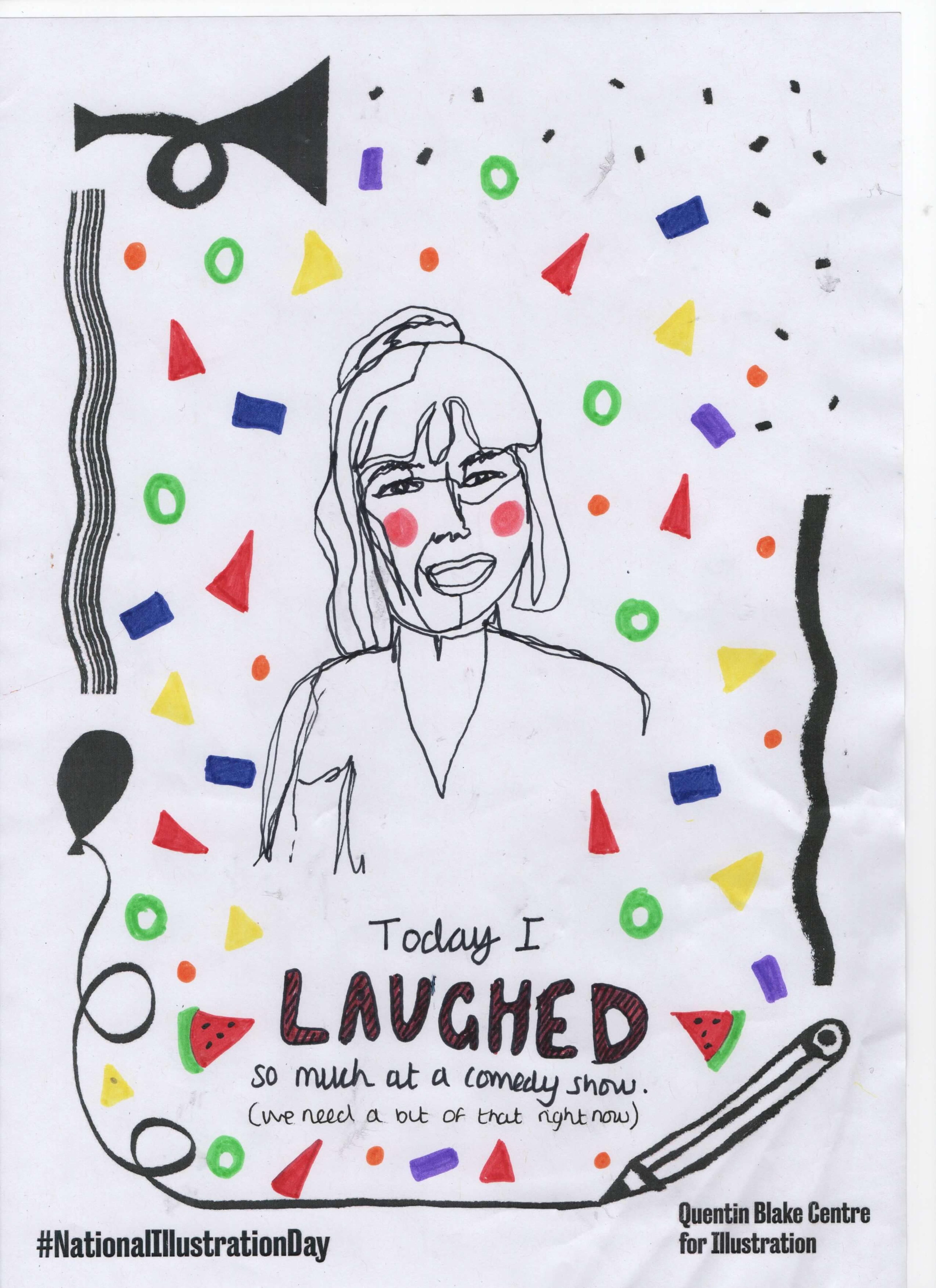 A laughing face made using a continuous line with little specks of falling confetti. Under the caption, there is a block of text that reads: "Today I laughed so much at a comedy show (we need a lot of that right now).