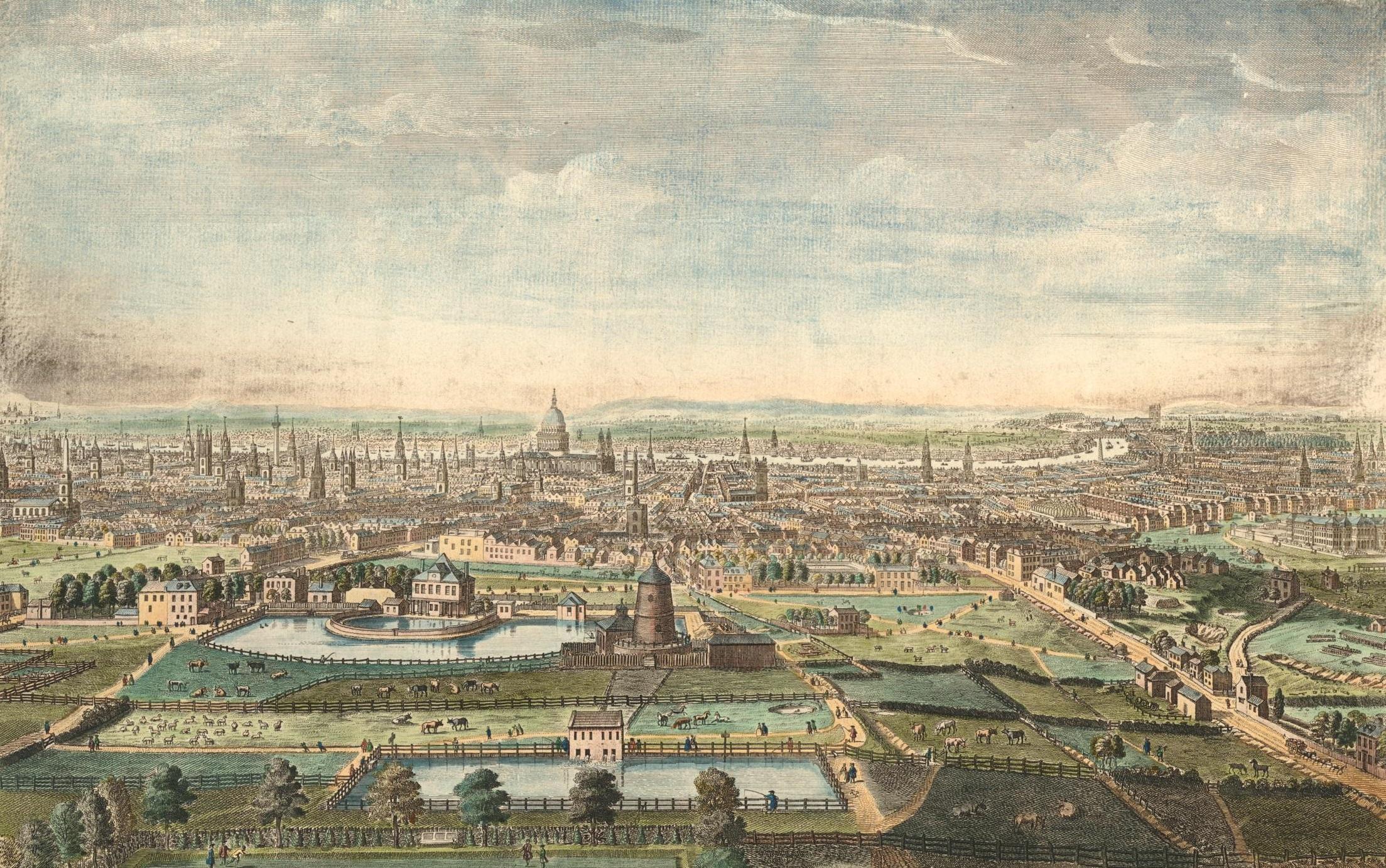 Coloured etching of a cityscape with rural landscape and ponds in the foreground and denser cityscape in the background towards the top of the image