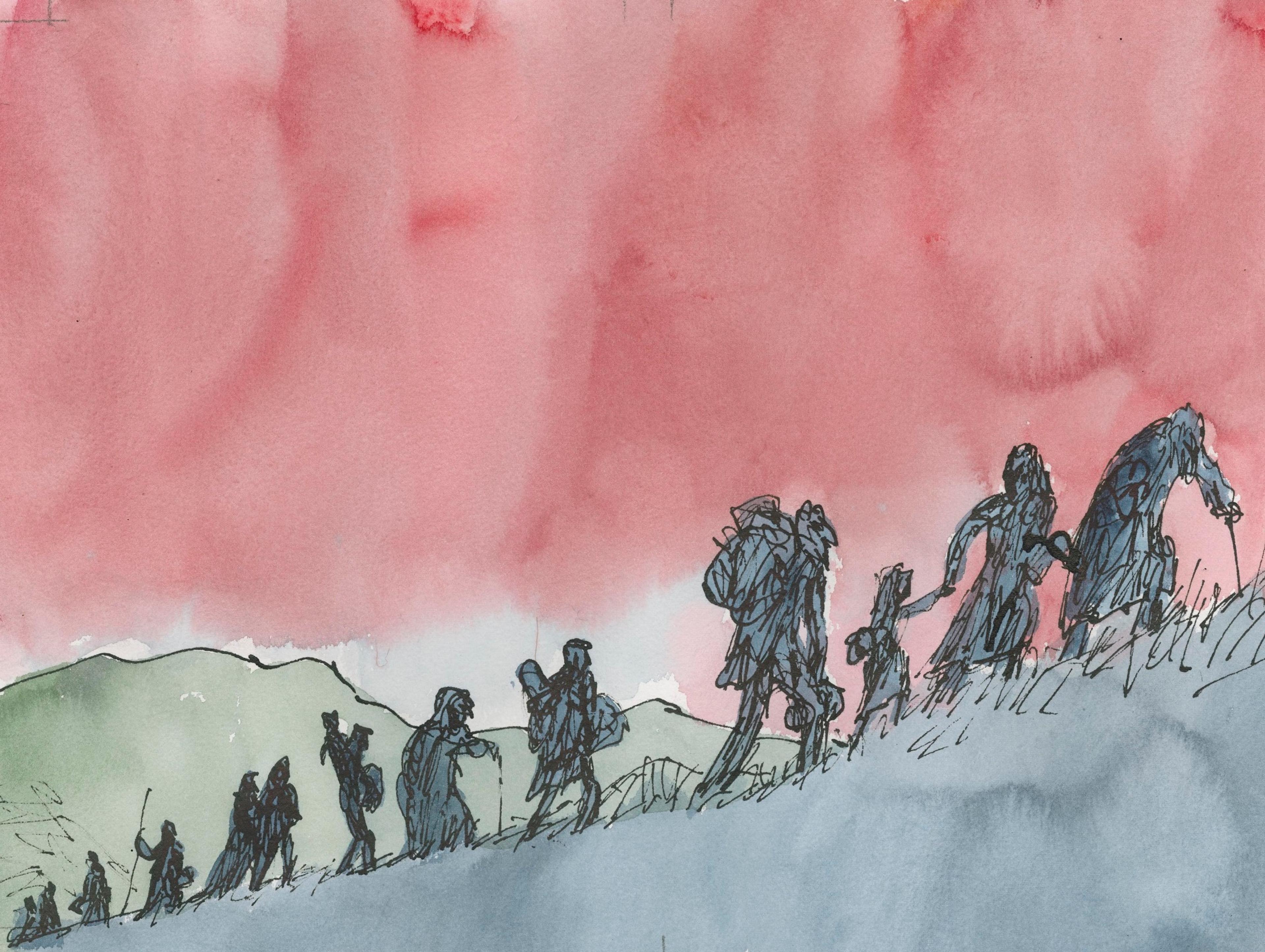 Illustration of a line of people carrying bags, walking up a steep mountain under a red sky.