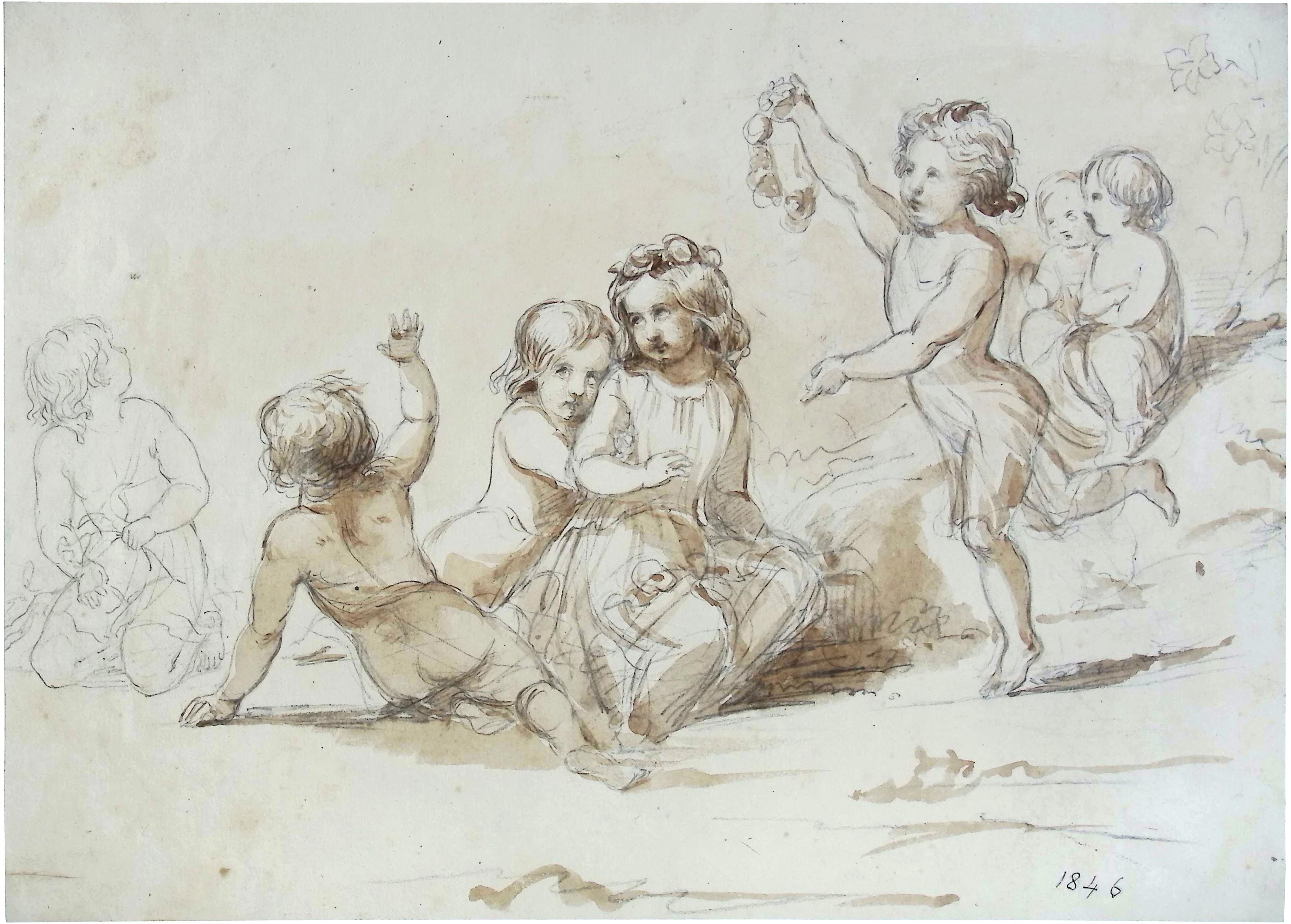 A drawing of a group of small children playing in a garden. One of them climbing a large tree. Two adult angels stand in the foreground with others in the distance.