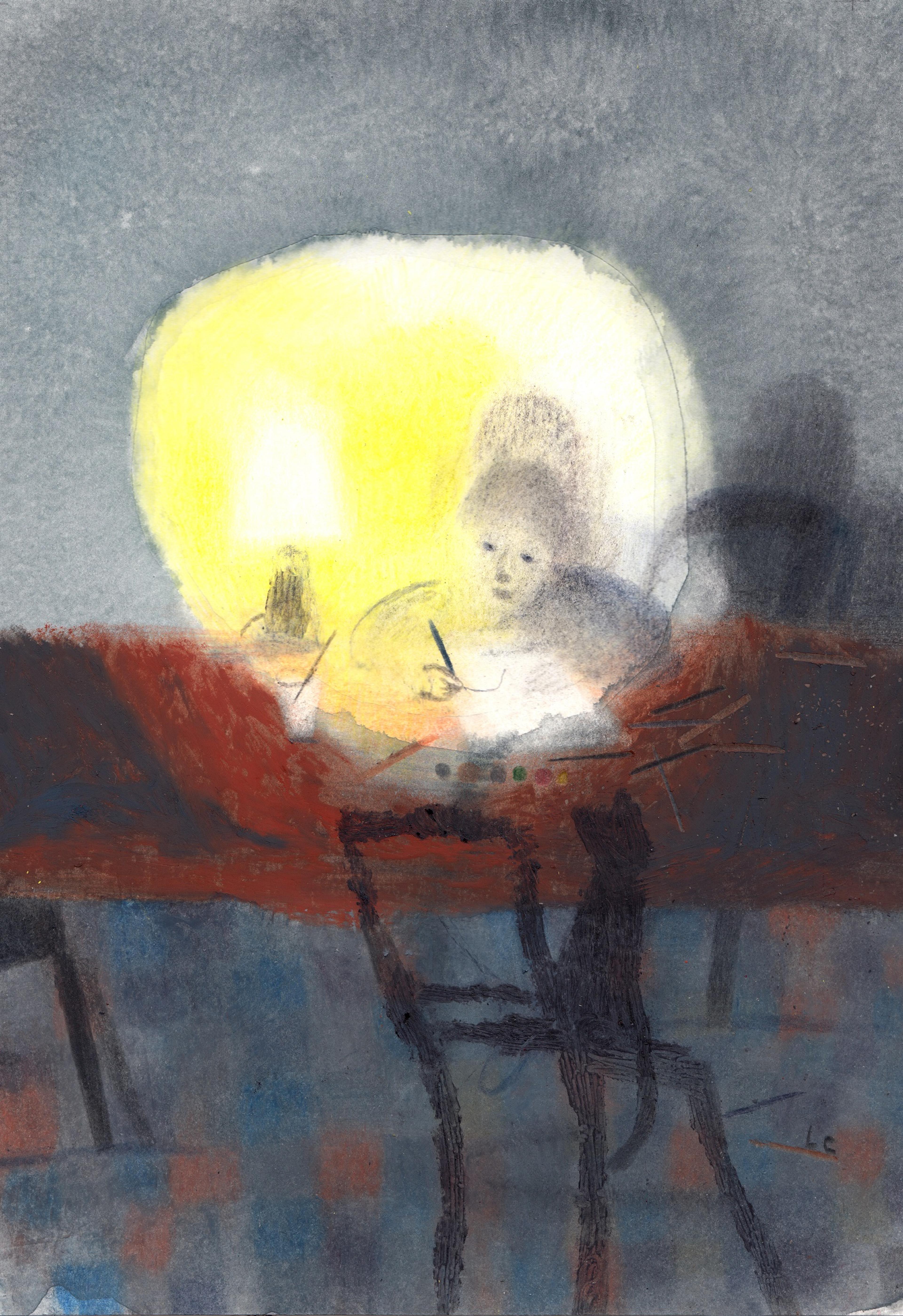 Illustration of a person writing or drawing by candlelight
