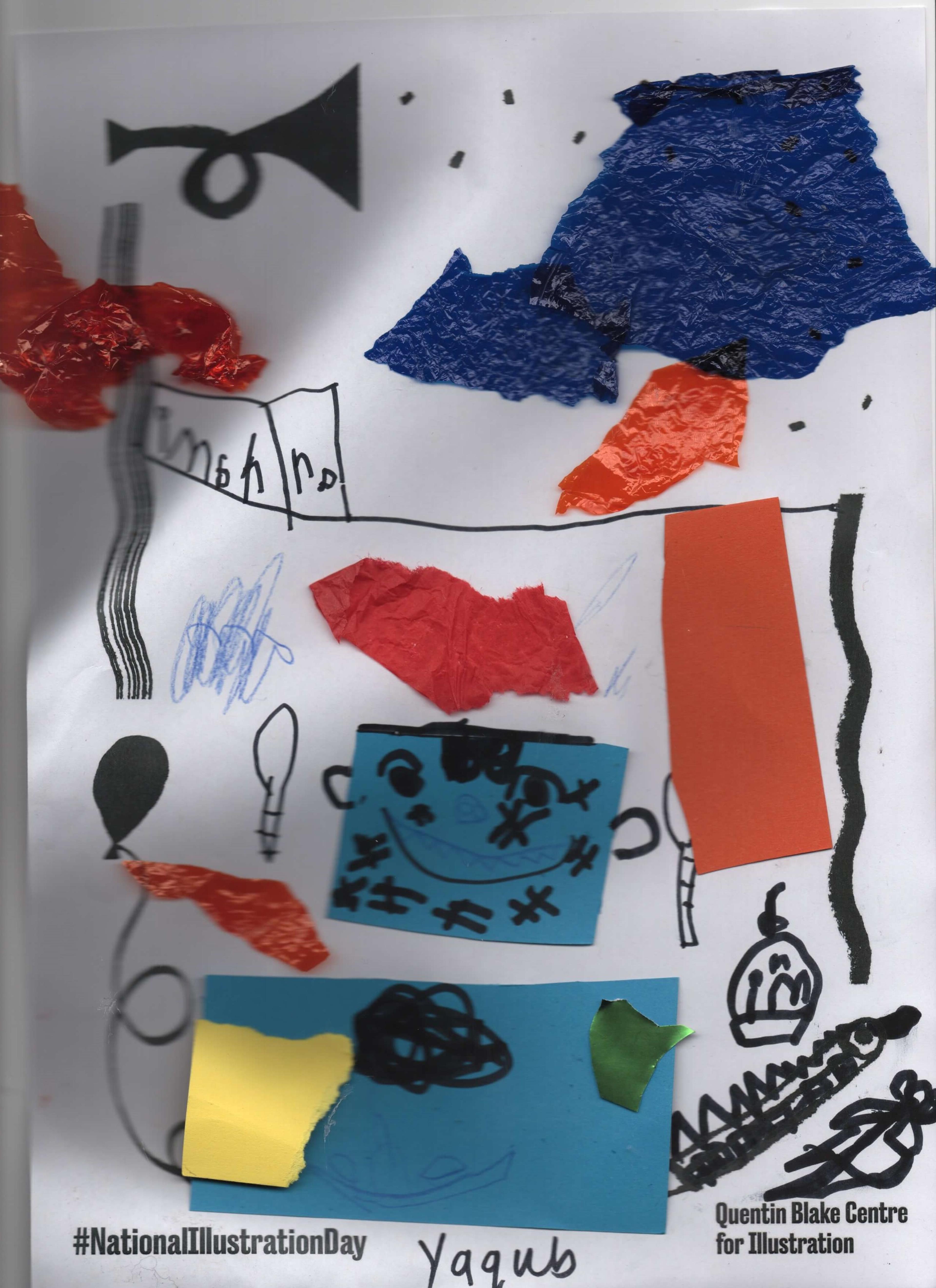 Child's drawing featuring abstract bits of collaged paper and shapes drawn using a bold black marker. 