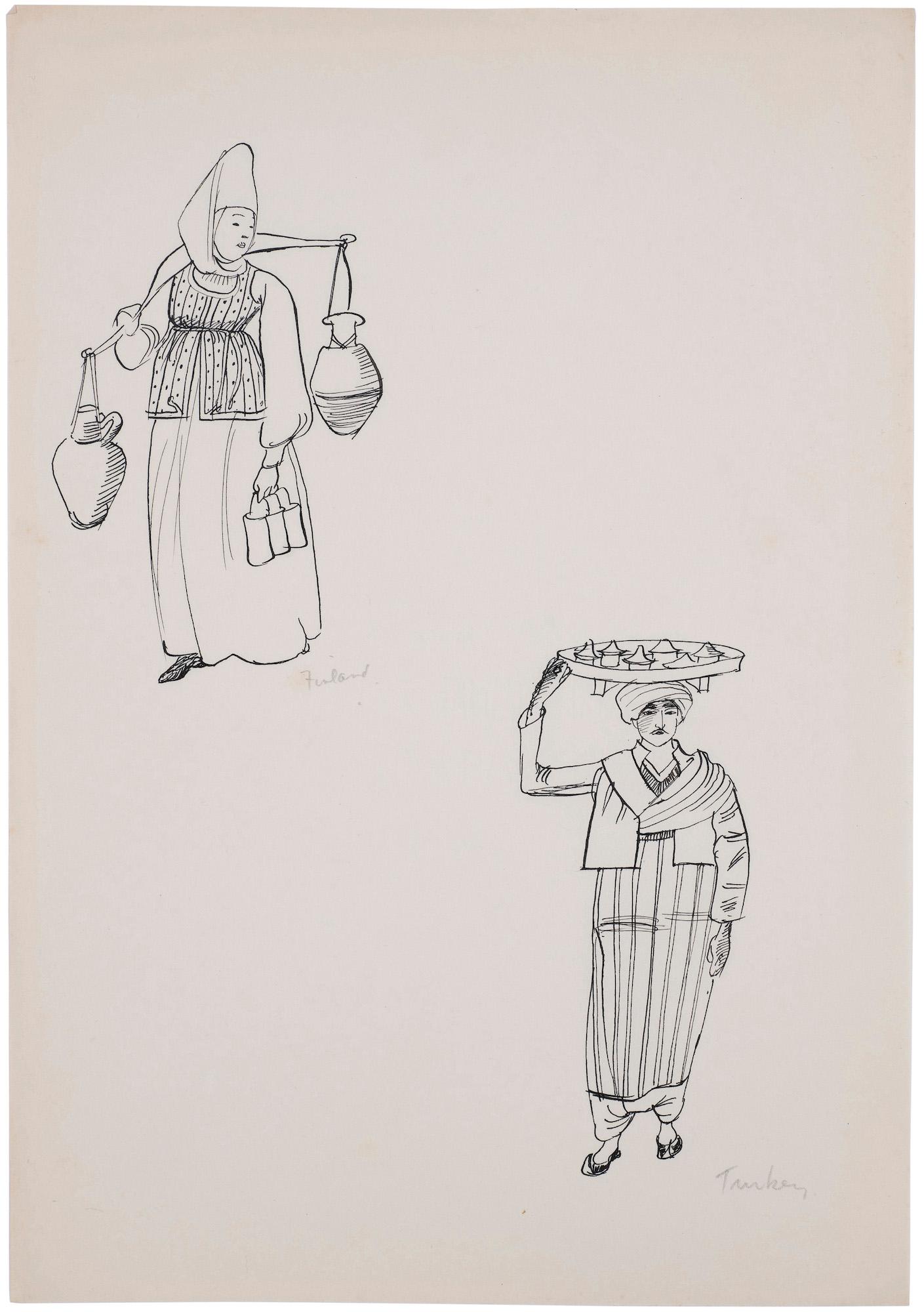 Black and white drawings of figures in Finnish and Turkish national dress