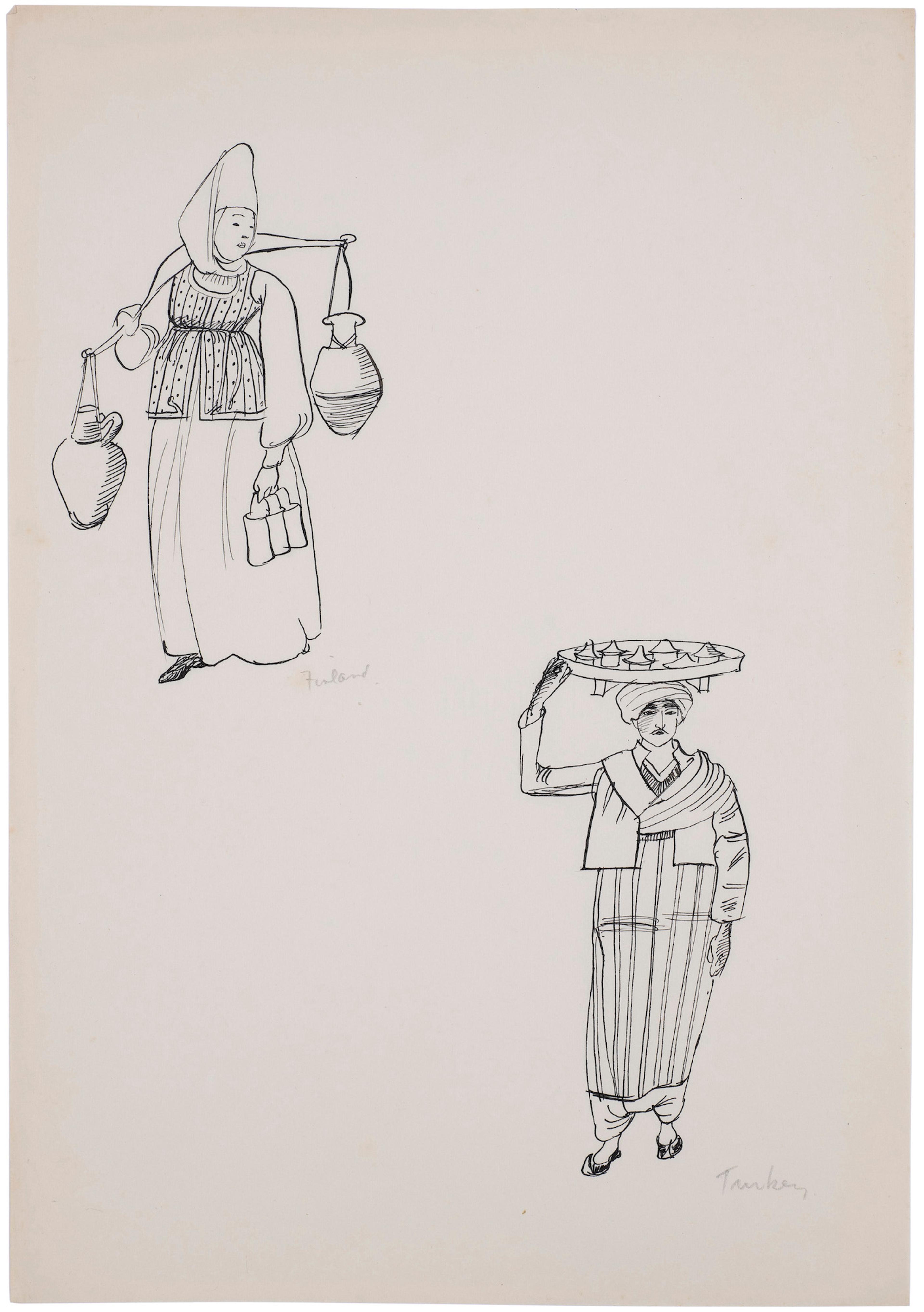 Black and white drawings of figures in Finnish and Turkish national dress