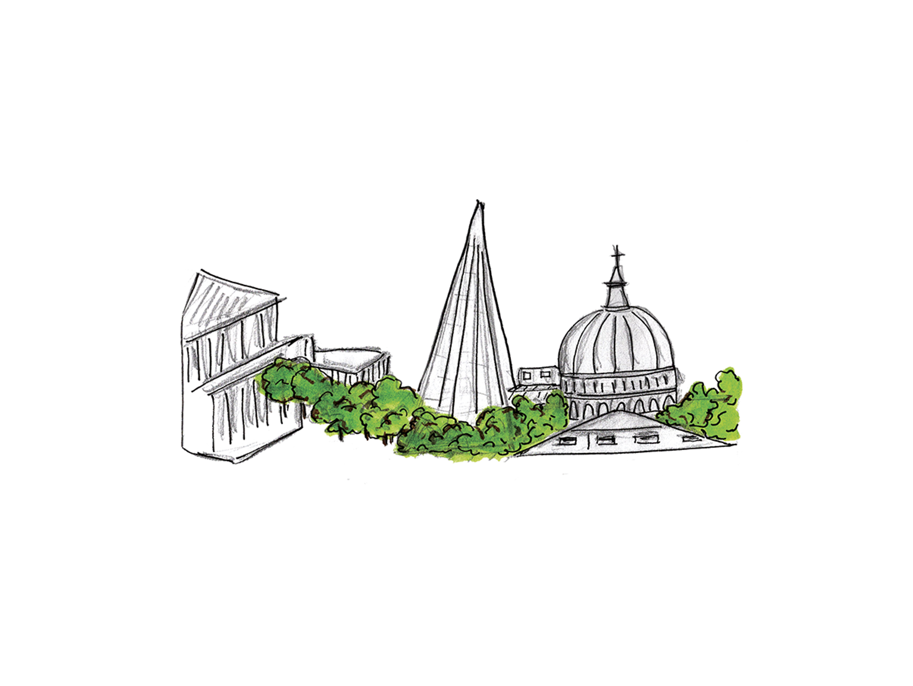 Illustration of a city skyline showing a domed roof, a skyscraper and a Georgian looking building