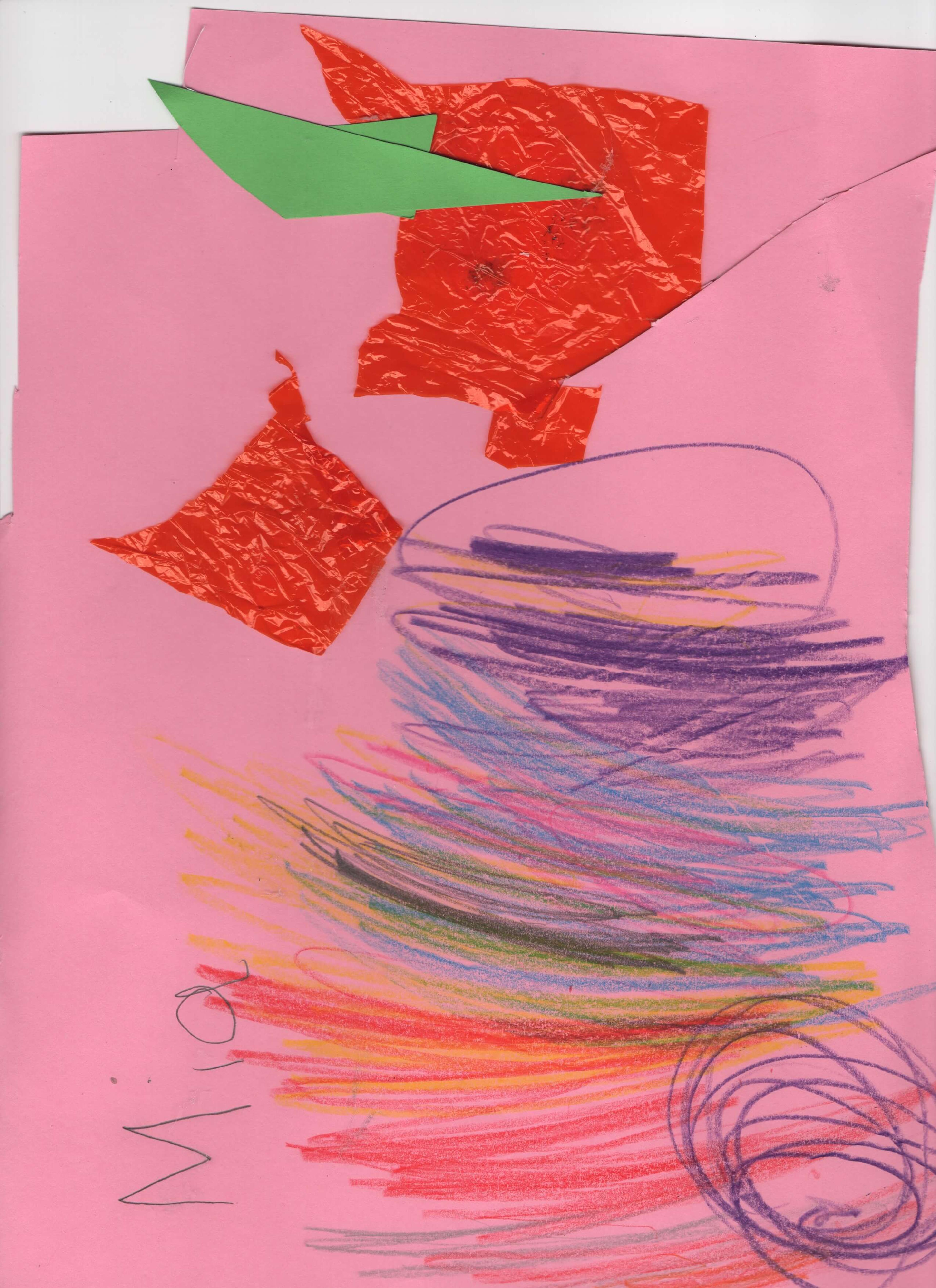 Child's scribbles and stuck-on cellophane on pink paper. 