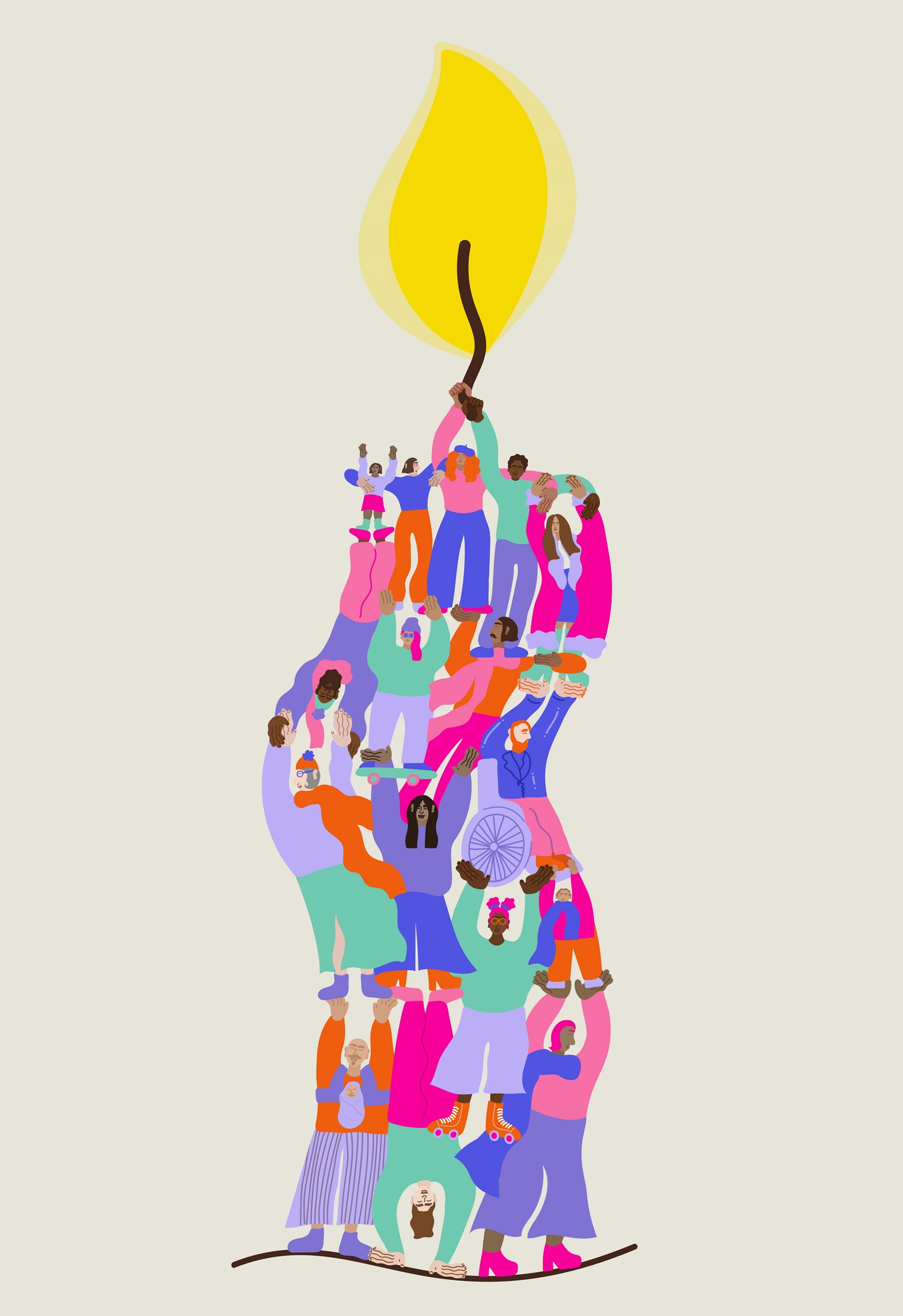 Illustration of a group of people holding an illuminated candle wick aloft