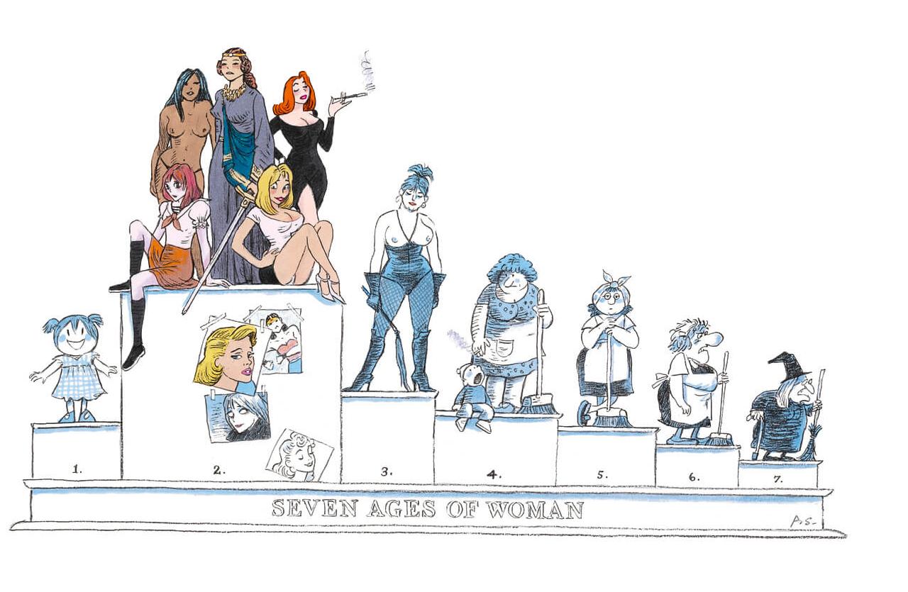 Satirical comic titled "Seven Ages of Woman". It illustrates society's view of woman as innocent little girls, transitioning into heavily sexualised young woman proceeding to gradually age into old crones.