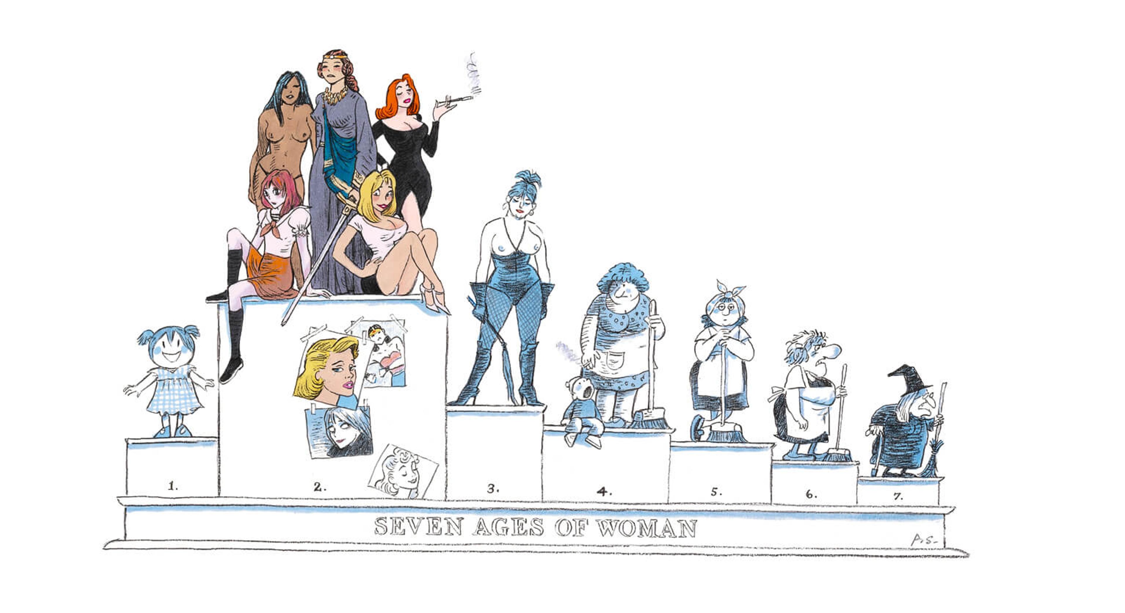 Satirical comic titled "Seven Ages of Woman". It illustrates society's view of woman as innocent little girls, transitioning into heavily sexualised young woman proceeding to gradually age into old crones.