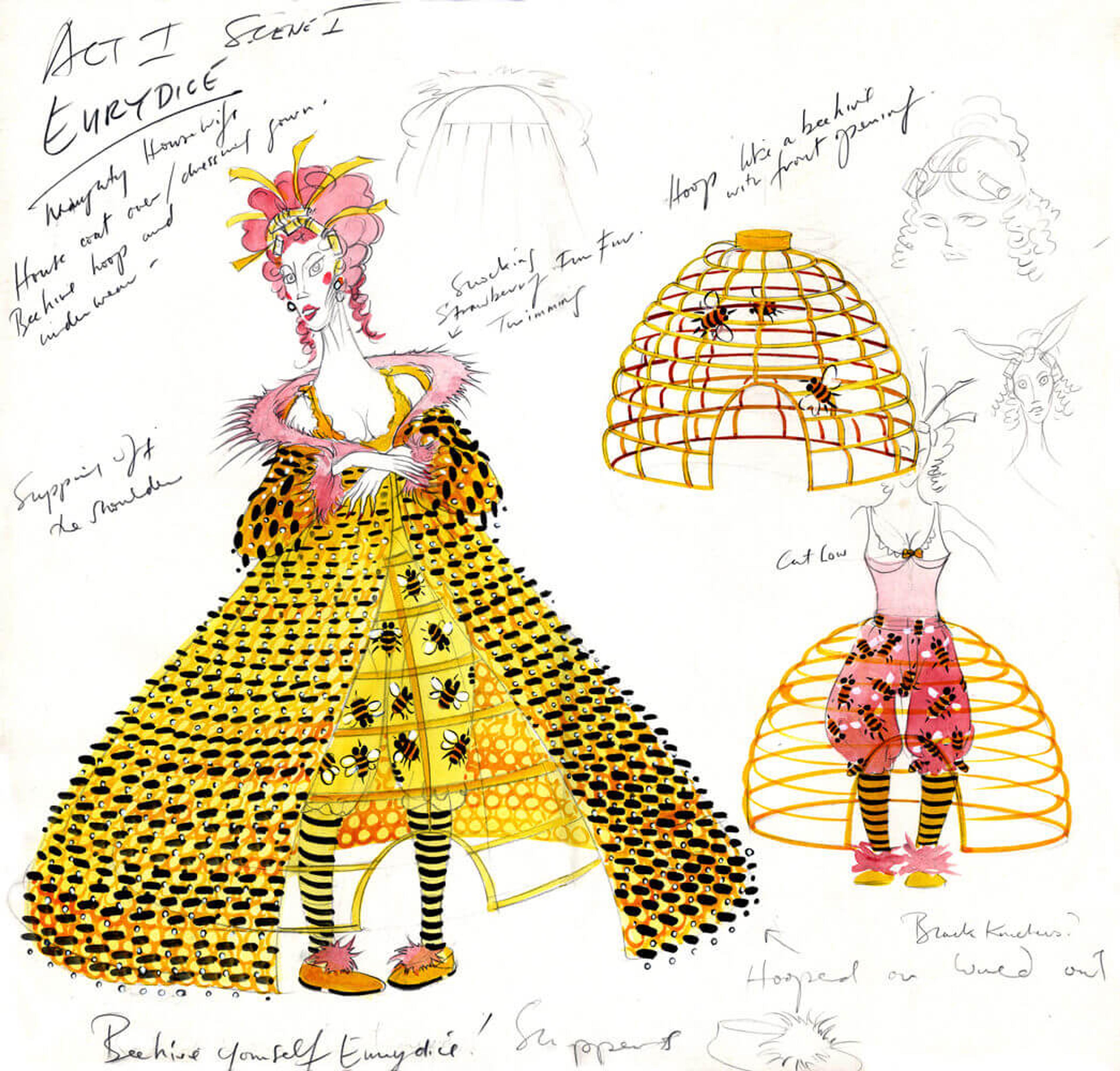 Annotated sketch of a costume with an elaborate hoop skirt