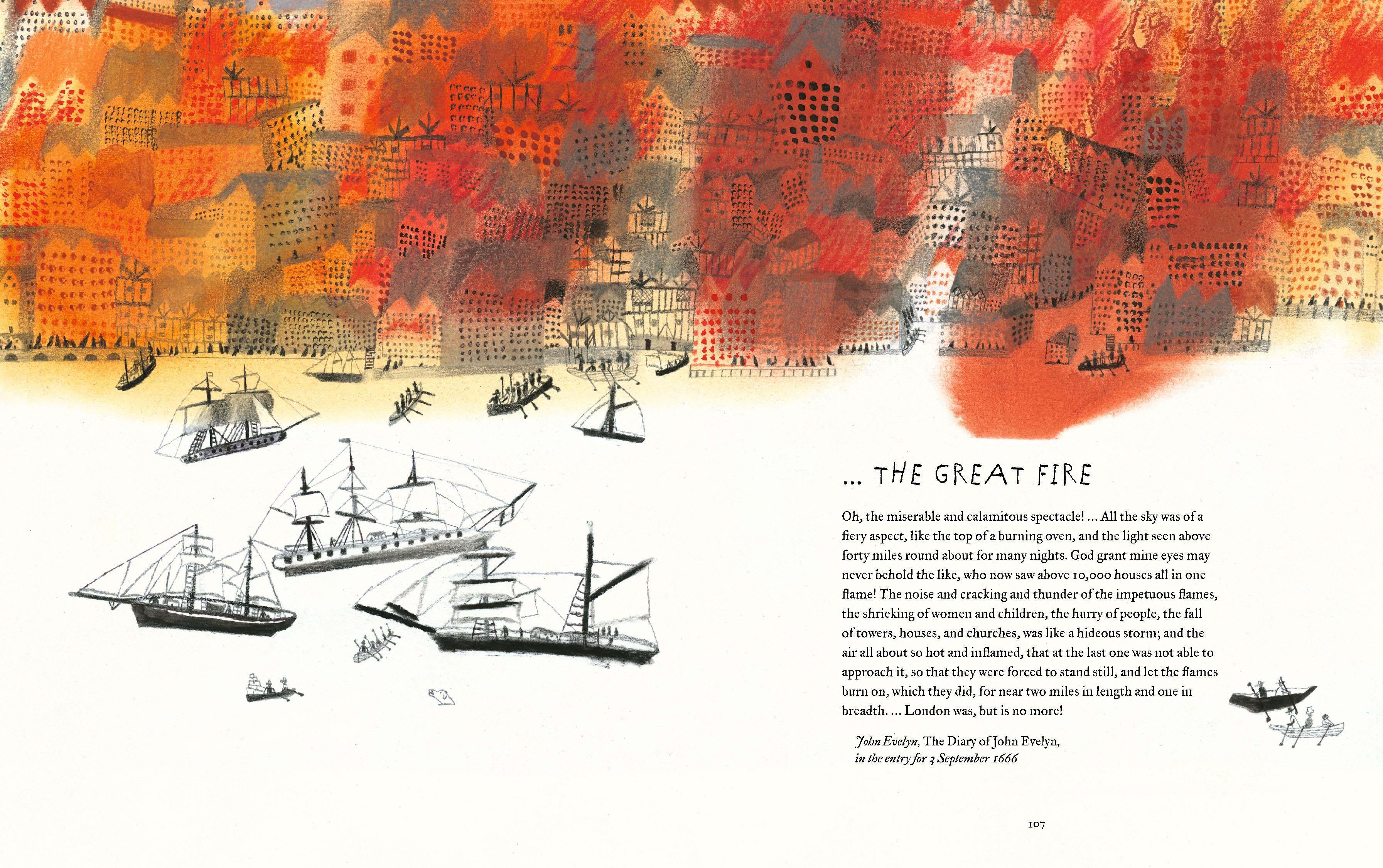 A double page spread of a book featuring some text about the great fire and an illustration of a city on fire next to a river with boats on the river.