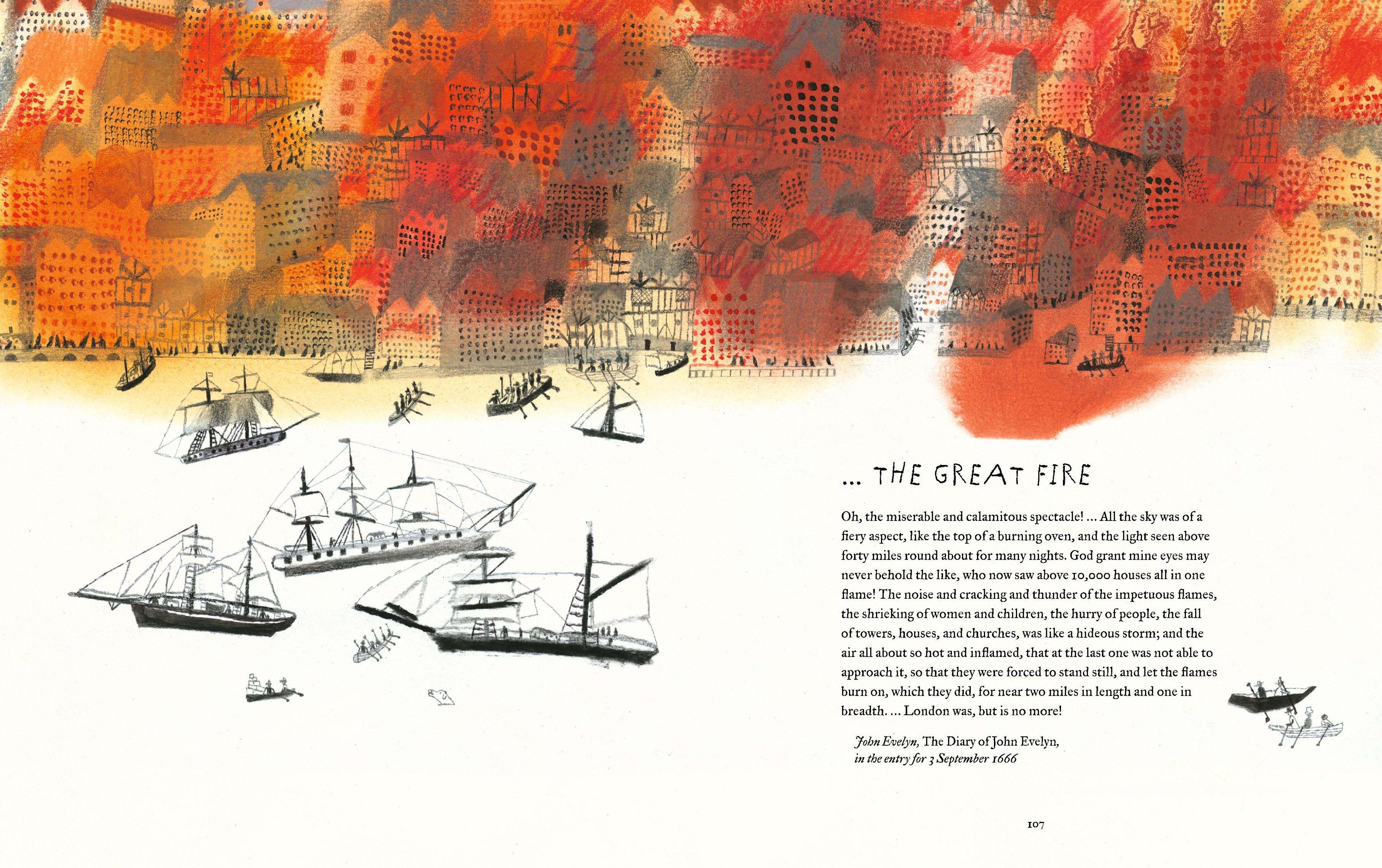 A double page spread of a book featuring some text about the great fire and an illustration of a city on fire next to a river with boats on the river.