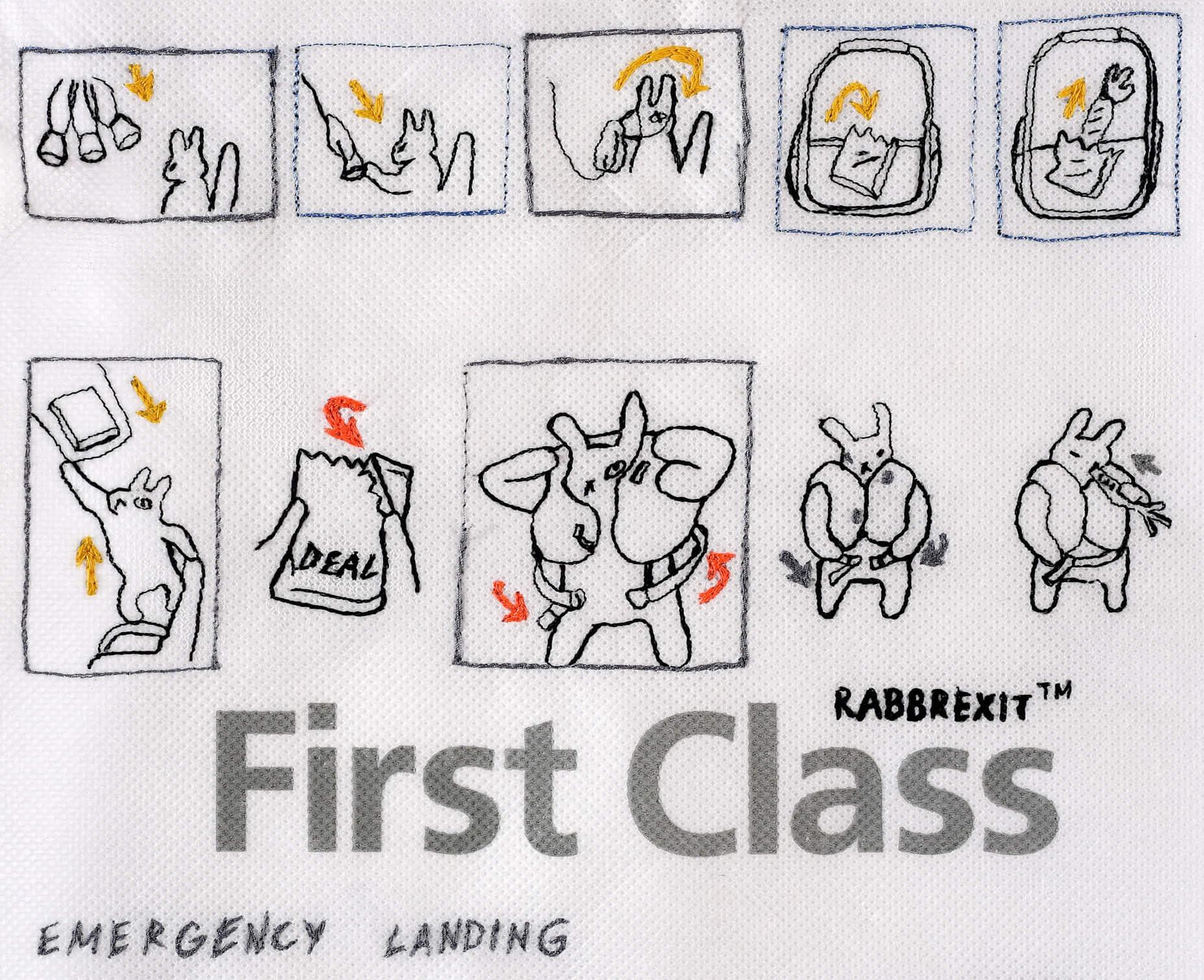 An embroidered comic of a rabbit enacting aeroplane safety protocol